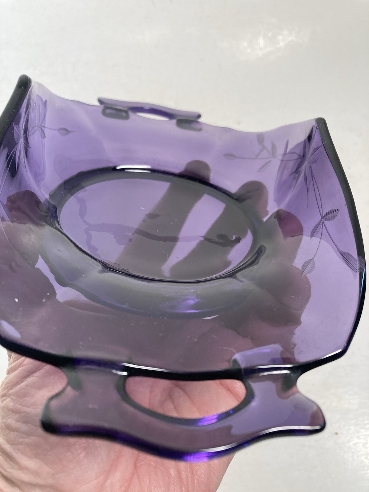 Vintage irradiated purple Glass candy Dish, Server, condiment, etched floral