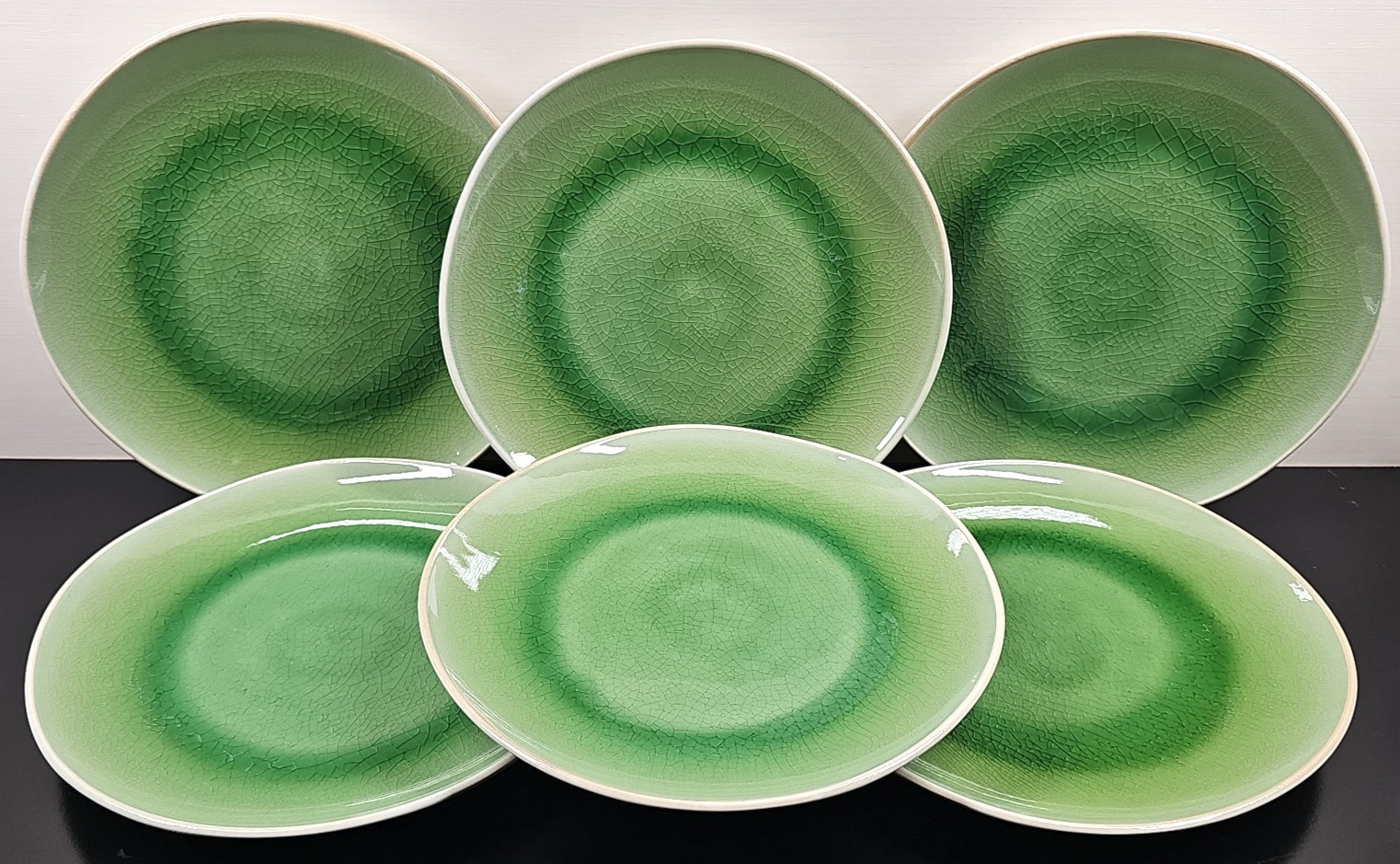 6 Roscher Crackle Glass Green Dinner Plates Set Elegant Stoneware Table Dish Lot