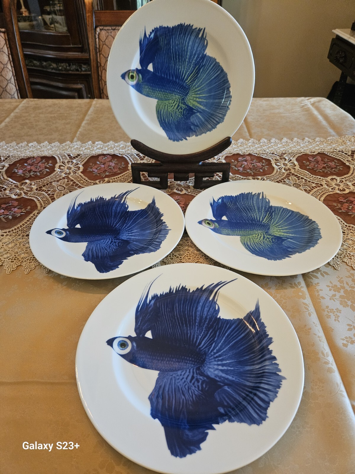 4xSwedish Ikea Blue Beta Fish Plates 9.75″ Porcelain Made In Poland Unused