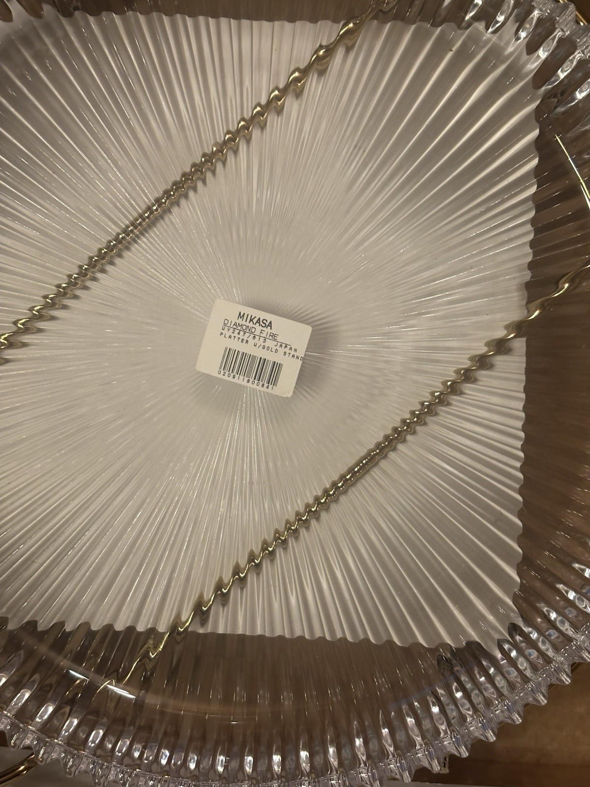 Mikasa Diamond Fire WY247 Round Platter Gold Stand Vintage Crystal Cake Tray New