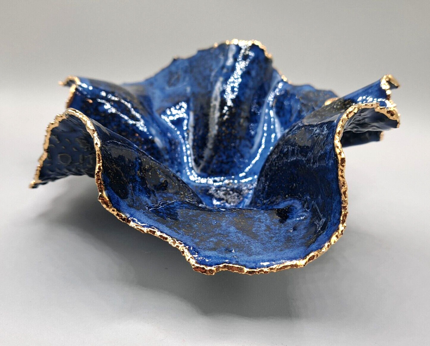 Freeform handkerchief Pottery Bowl Blue Unsigned Cobalt/Gold Trim OrganicTexture