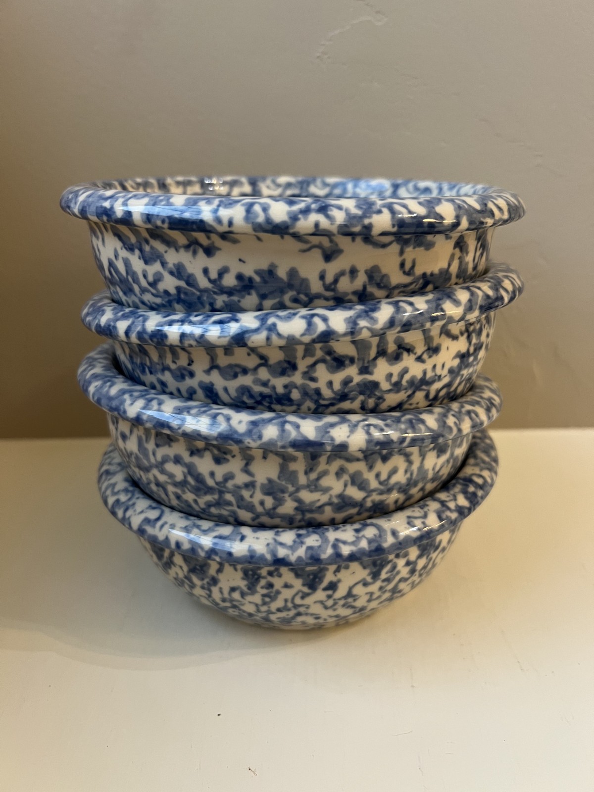 4 Workshops of Gerald E. Henn Blue Spongeware 6 1/2 inch Cereal Bowls