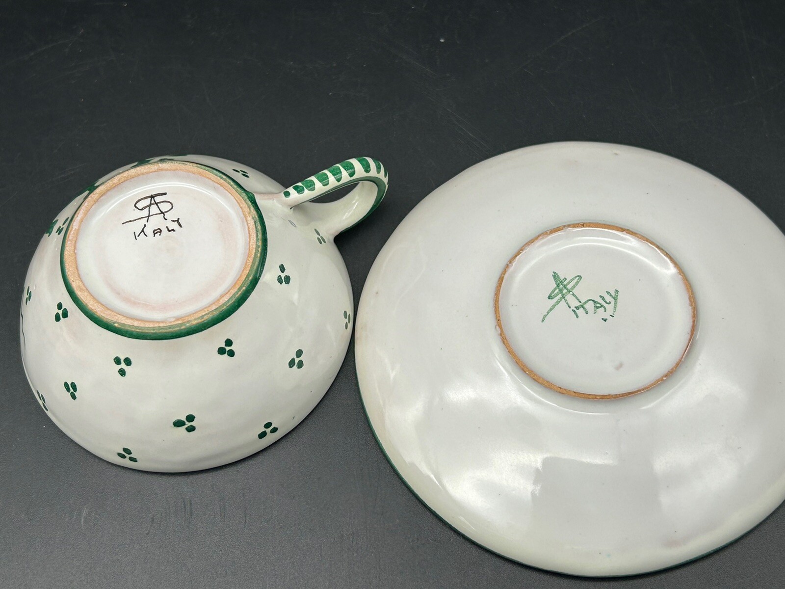 Vintage Italy SA Cup and Saucer Handpainted Pottery Green Stag Deer Artisan Set