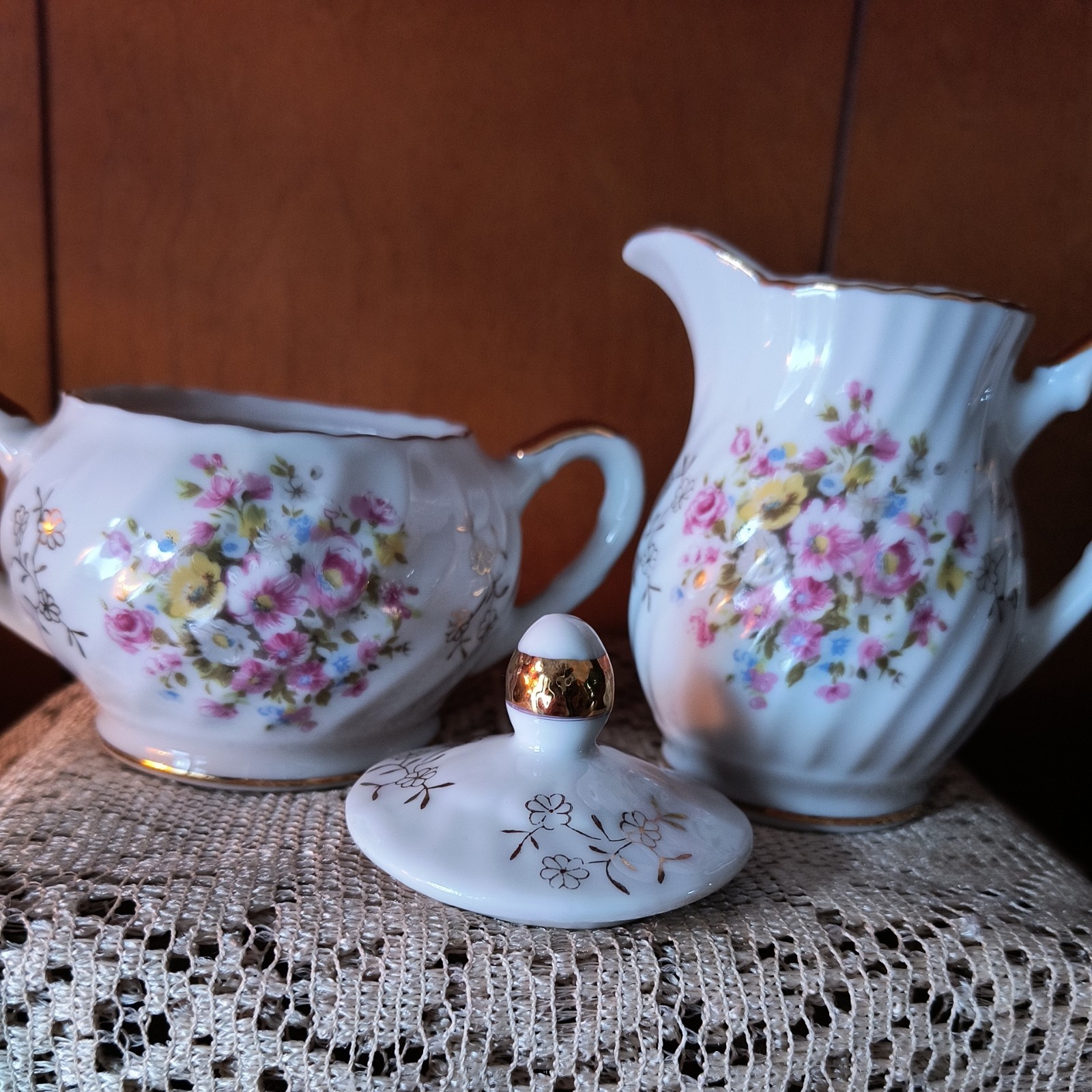 Vintage Pink Floral Porcelain Lidded Sugar Bowl and Creamer Swirled Cottagecore