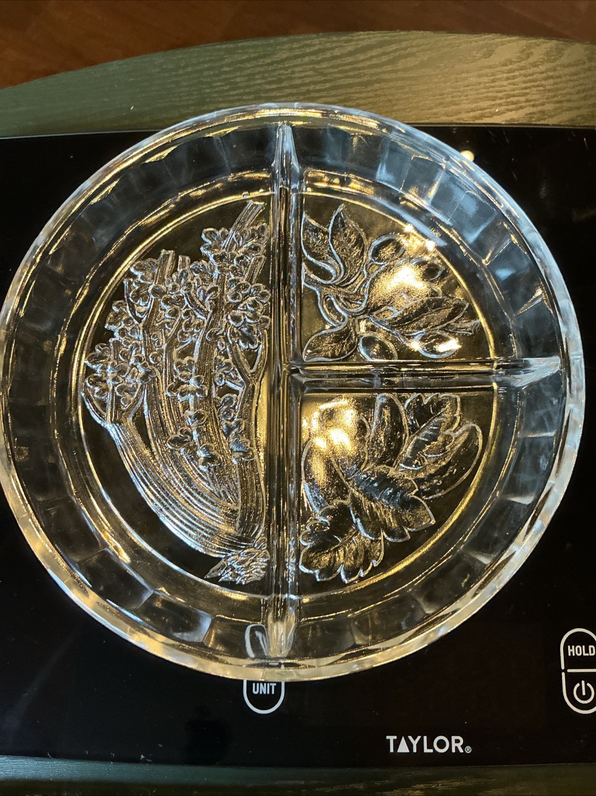 Vintage Indiana Glass 7.5” Round Divided Embossed Relish Vegetable Dish