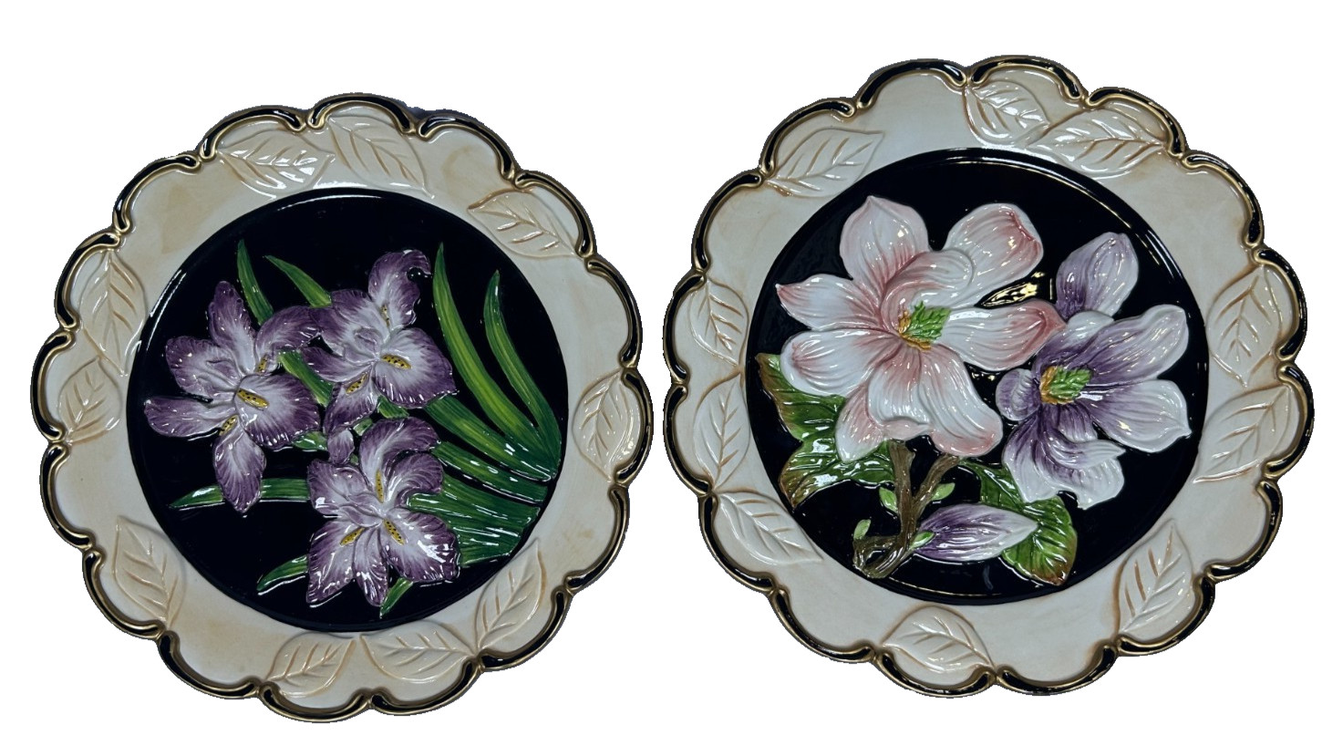 Set of 2 CBK Ltd Floral Decorative Plates Magnolia Iris Raised Embossed Wall