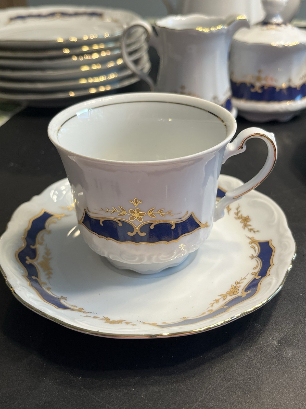21pc Mitterteich Bavaria Cobalt Blue Gold Trim Coffee Tea Pot Desert Serving Set