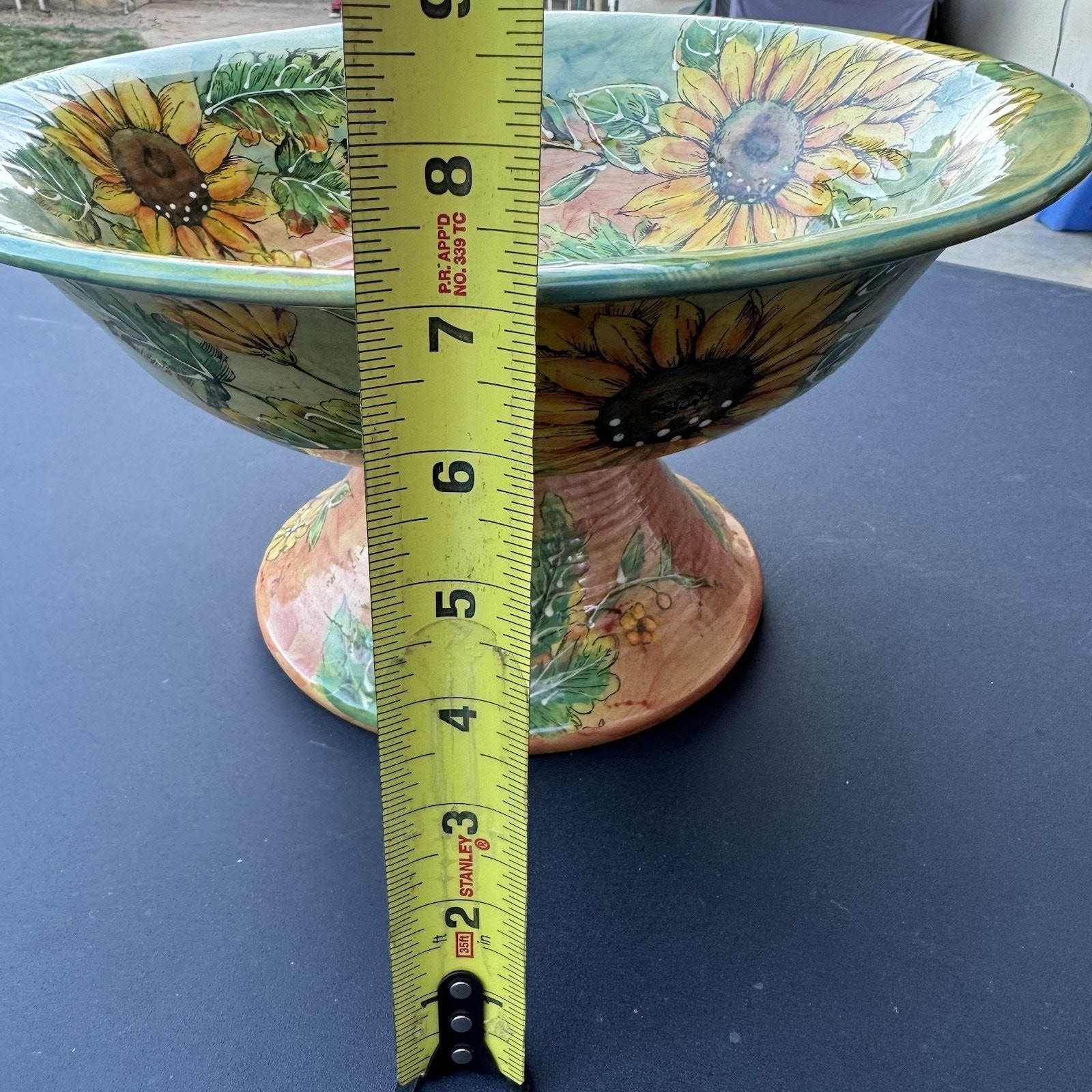 Vintage Sunflower Footed Pedestal Bowl Hand Painted Ceramic Centerpiece 12”