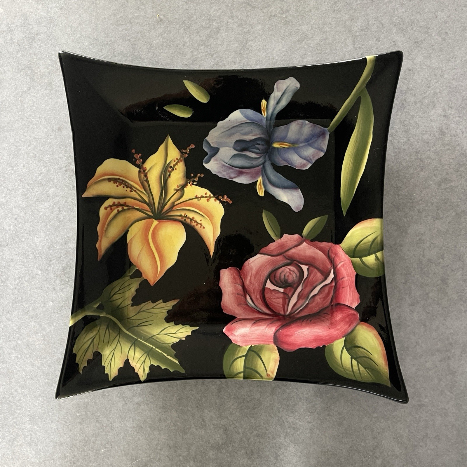 Pacific Rim Hand Painted Florabunda Square Serving Plate Black Ceramic 11” Decor