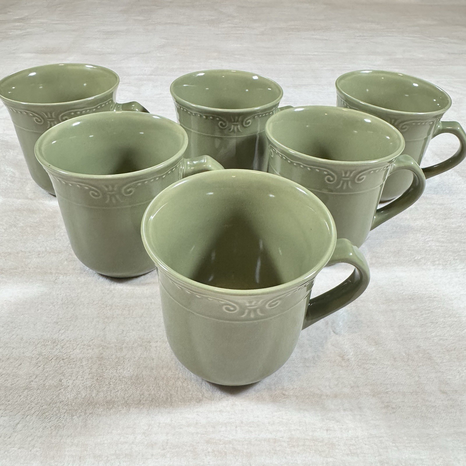 Isabella By Kennex Sage Green Stoneware Coffee Mugs Set of 6 Embossed Retired