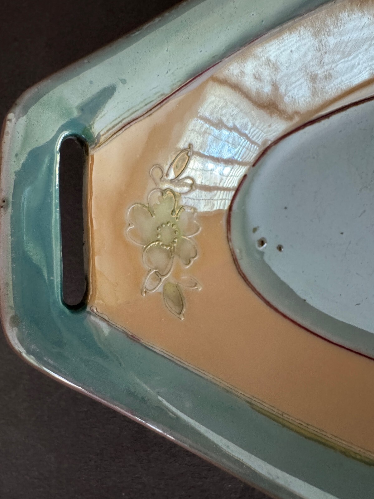PEACH LIGHT GREEN/BLUE CHERRY BLOSSOM OVAL HANDLED LUSTERWARE CELERY RELISH DISH