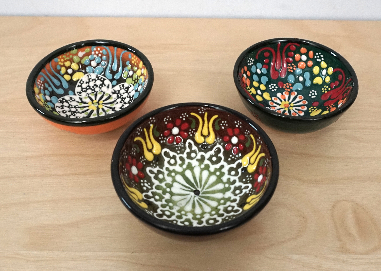 3 Small Handmade Painted Ceramic Floral Multicolor Decorative Dish Bowls