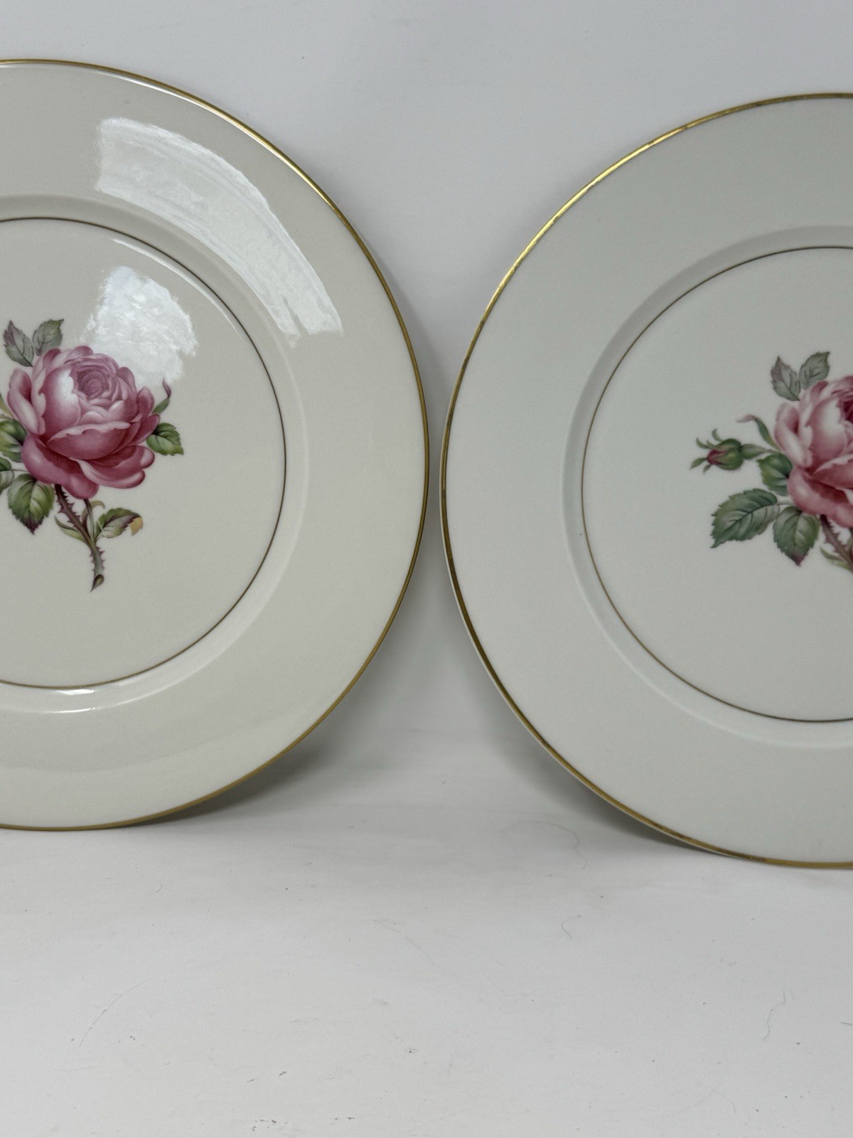 2 Ancestral USA China Manor Rose Dinner Plates rose floral gold trim GUC elegant