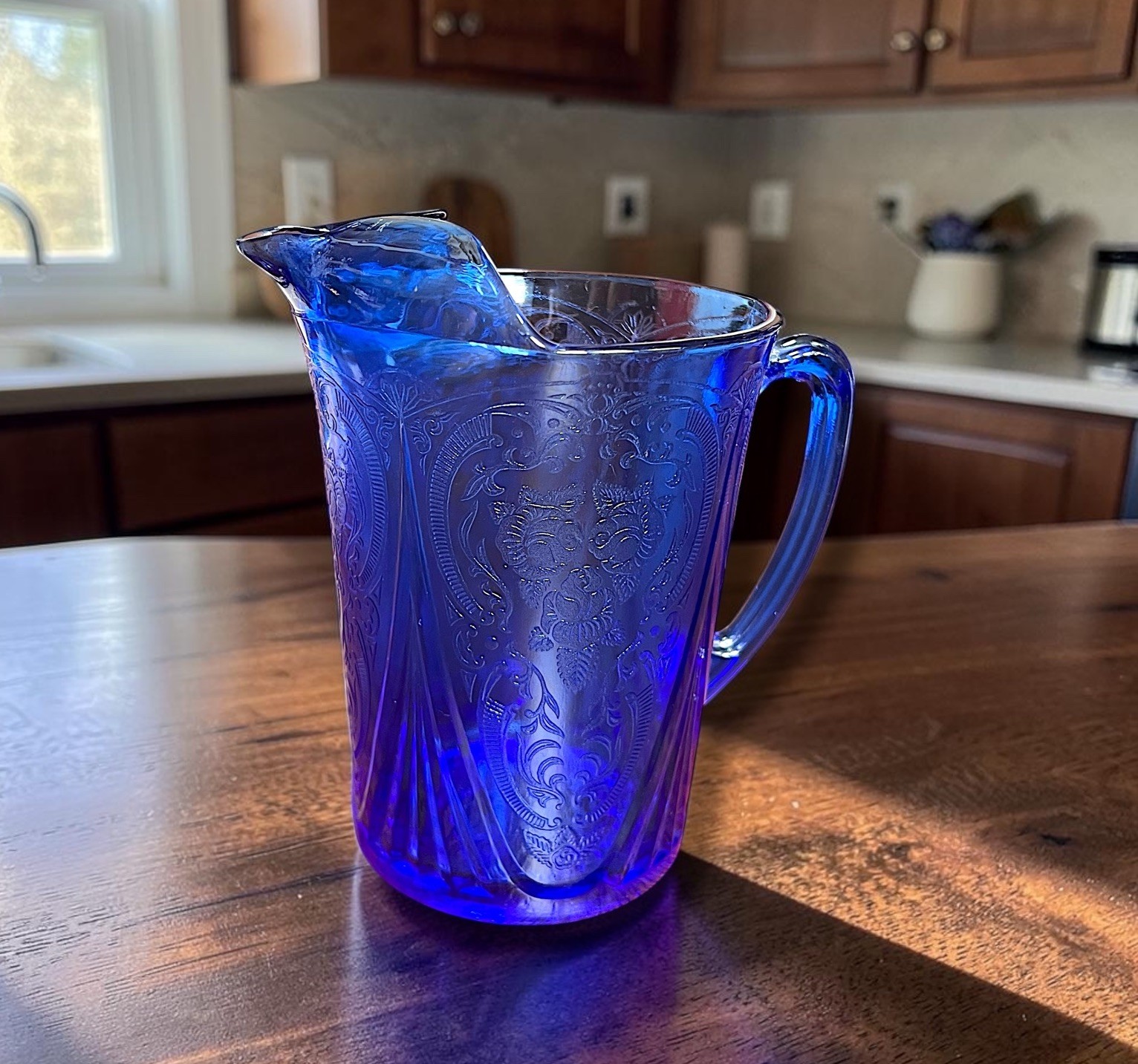 1930s Hazel Atlas Royal Lace Cobalt Blue Depression Glass Pitcher 7 1/2” Tall