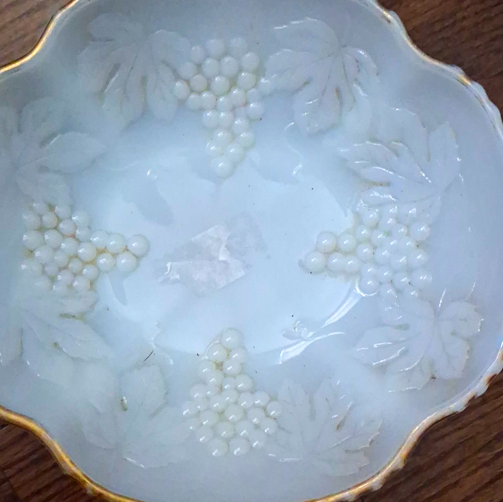 Milk Glass Grape Pattern Bowl White & Gold Rim Round Decorative
