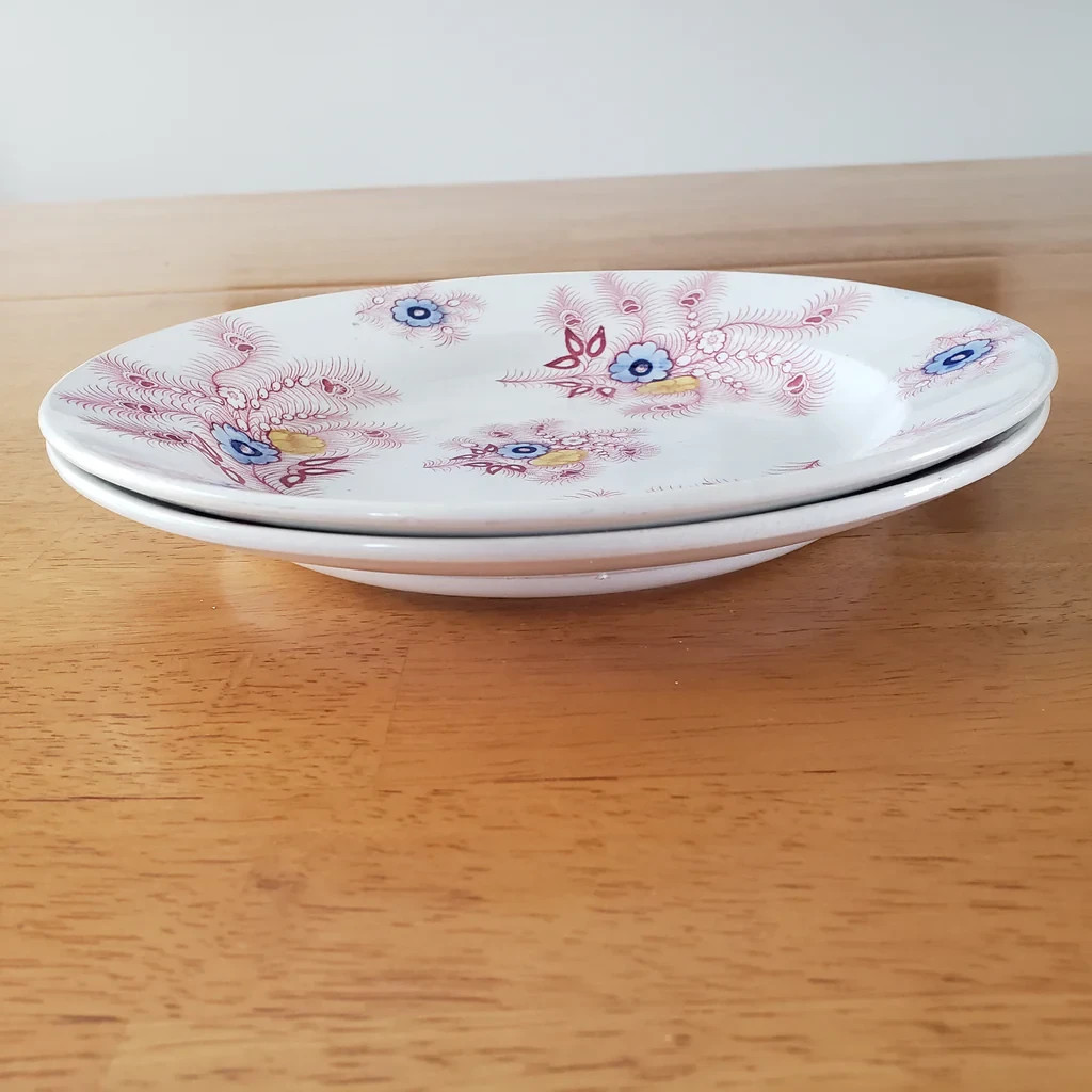 Antique Pink Feather Transferware Polychrome Plates 9” Set of 2 Wood & Challinor