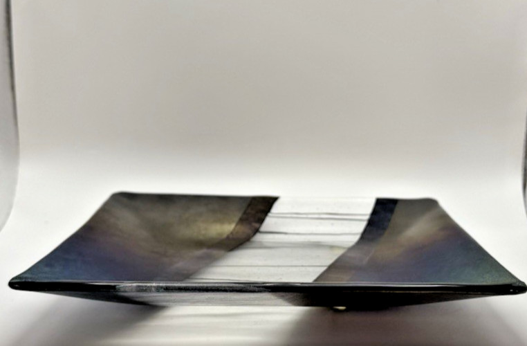 Chris Paulson Art Glass Square Tray Plate Signed Dichroic Fused Iridescent 9.25″