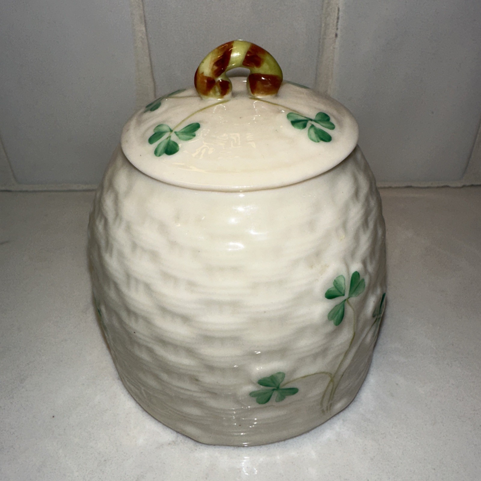 Belleek Ireland Shamrock 3.5” Pot Jar w Lid 6th Green Mark Honey Vintage