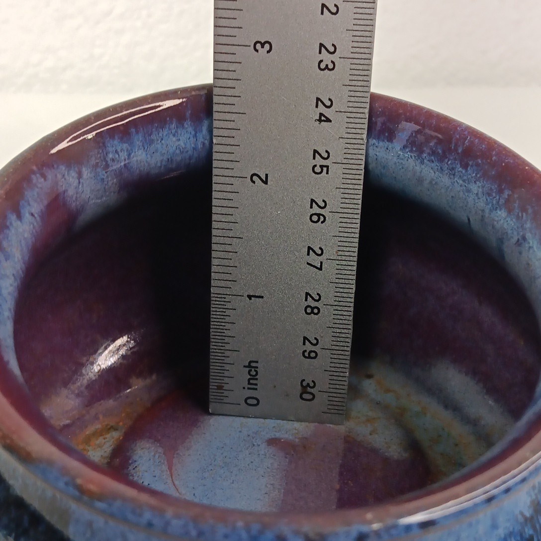 Art Pottery Studio Handcrafted Bowl Red Clay Blue Brown Glaze Slanted Angled