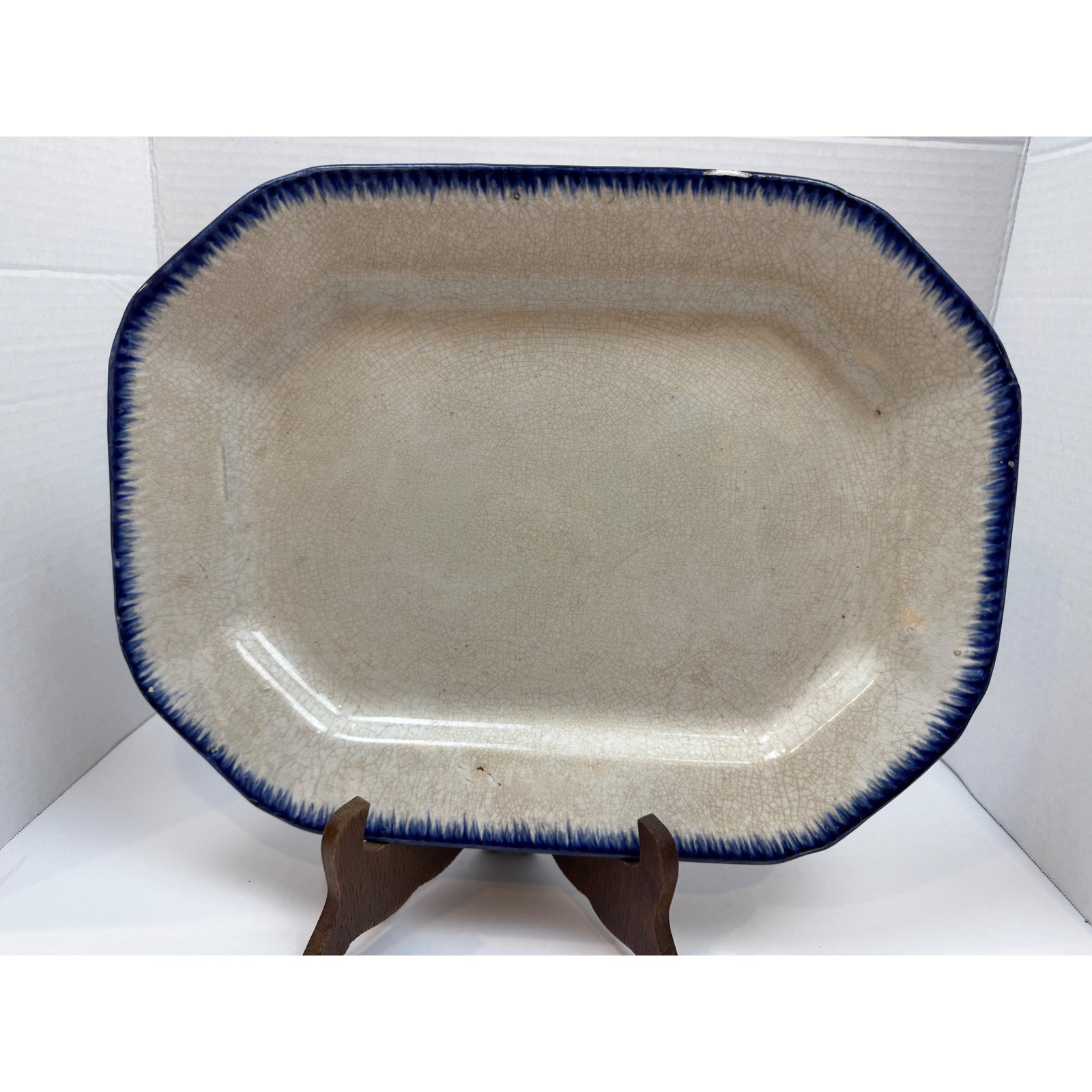 Antique Flow Blue Ironstone Platter Octagonal Feather Edge Serving Dish Leeds
