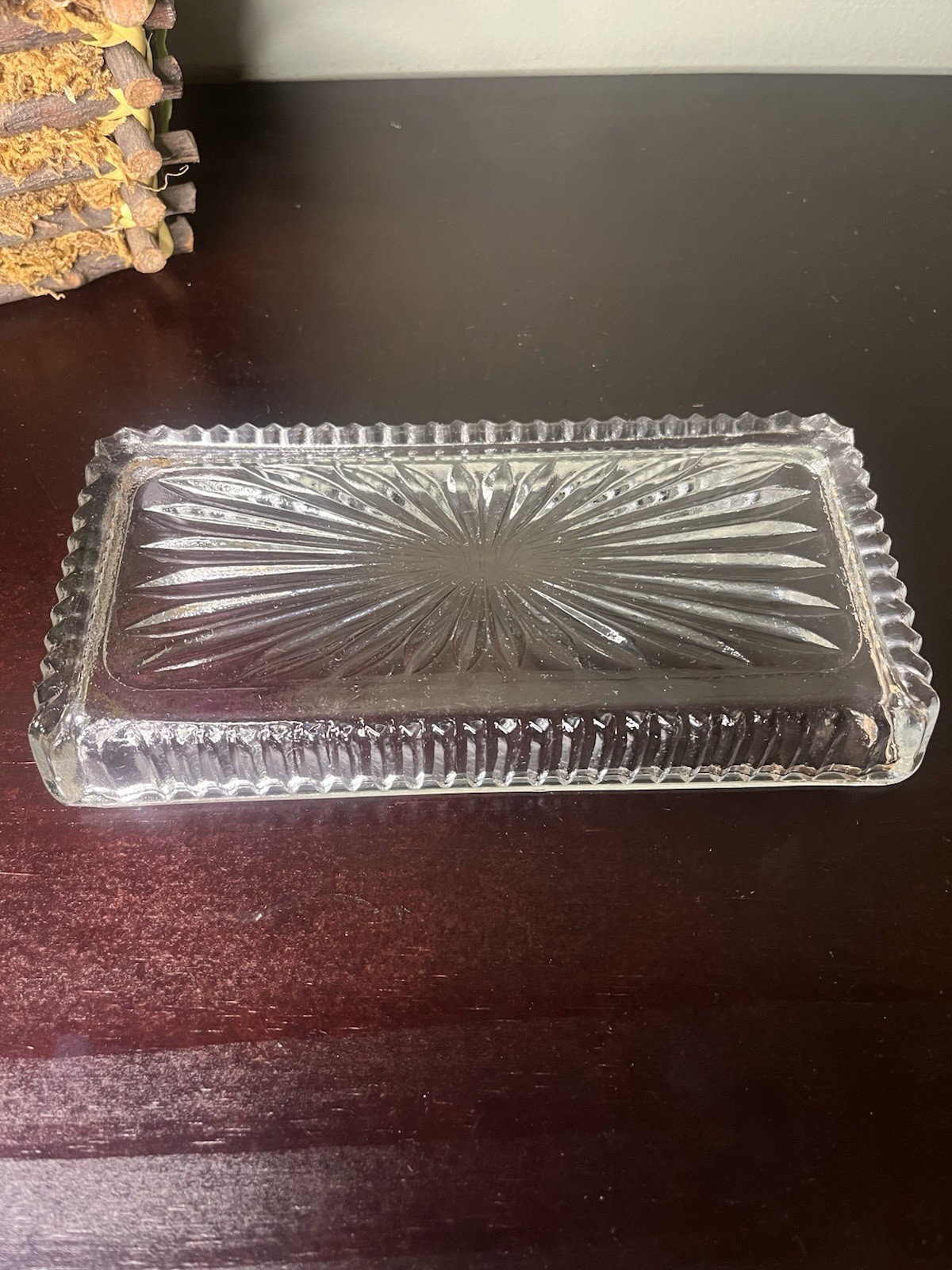 Vintage Glowing Glass Rectangular Trinket Tray Starburst Pattern UV Reactive