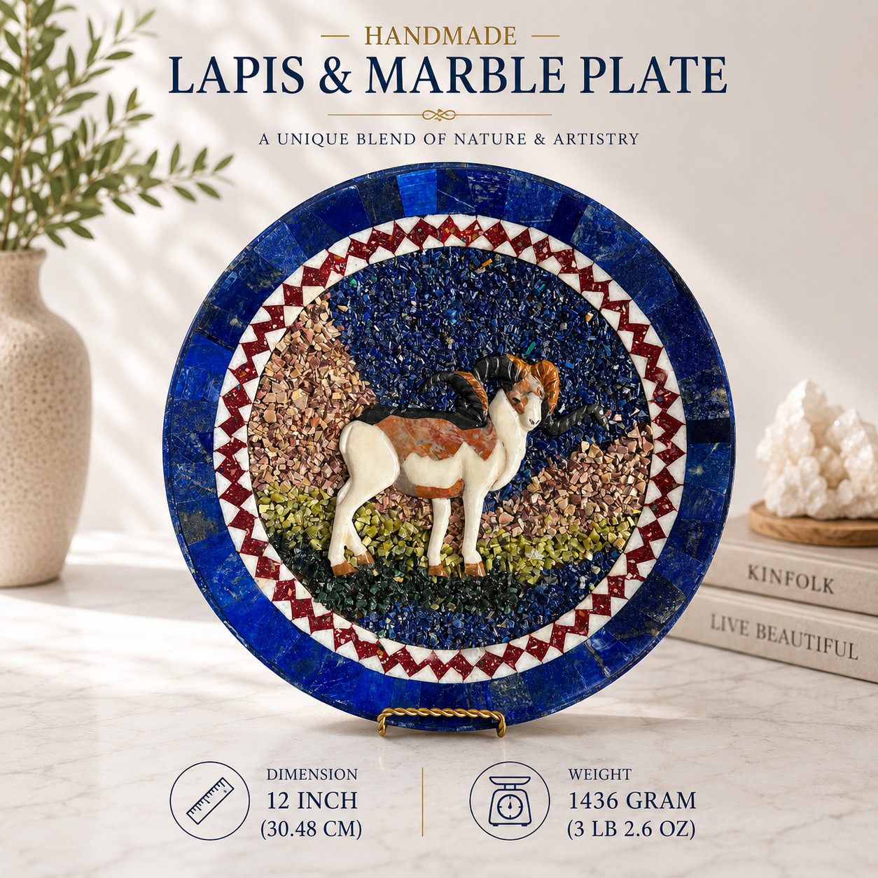 Handmade Lapis Lazuli & Marble Ram Plate | Afghan Stone Mosaic| 12″ Round Inlay