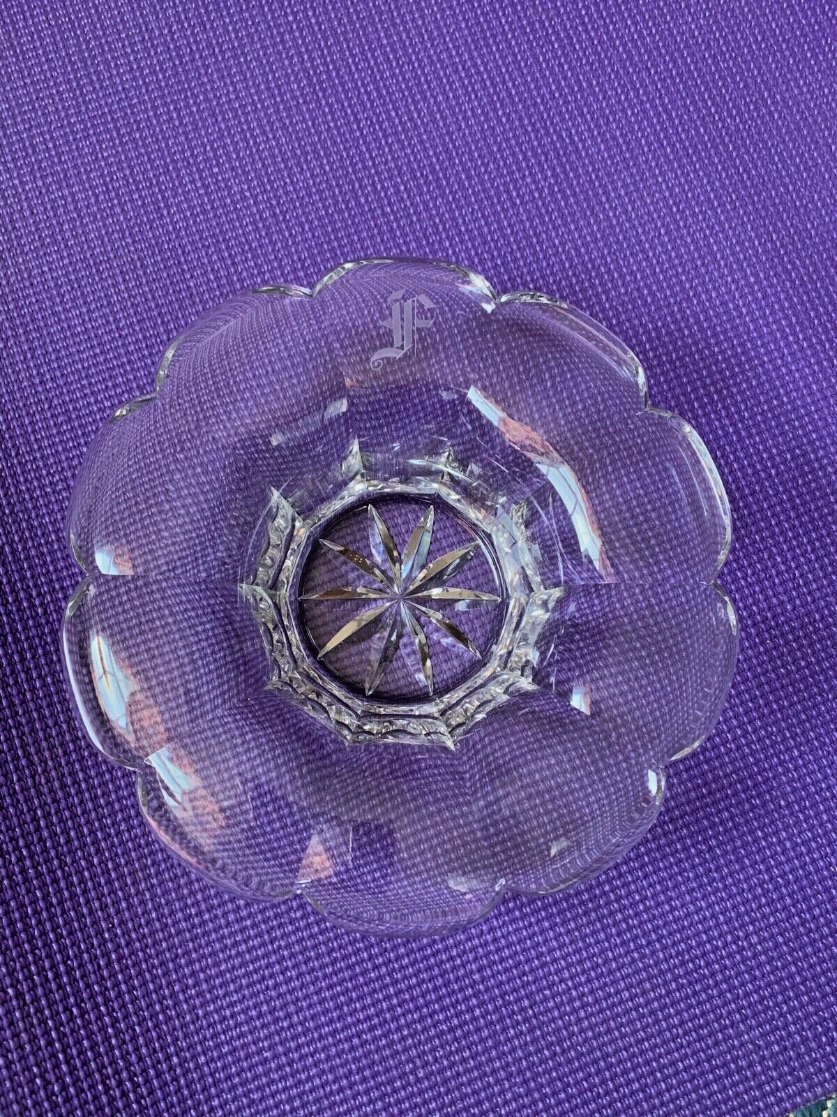 Cut Polished Crystal Bowl Scallop Edge Etch F Monogram High End Elegant Antique