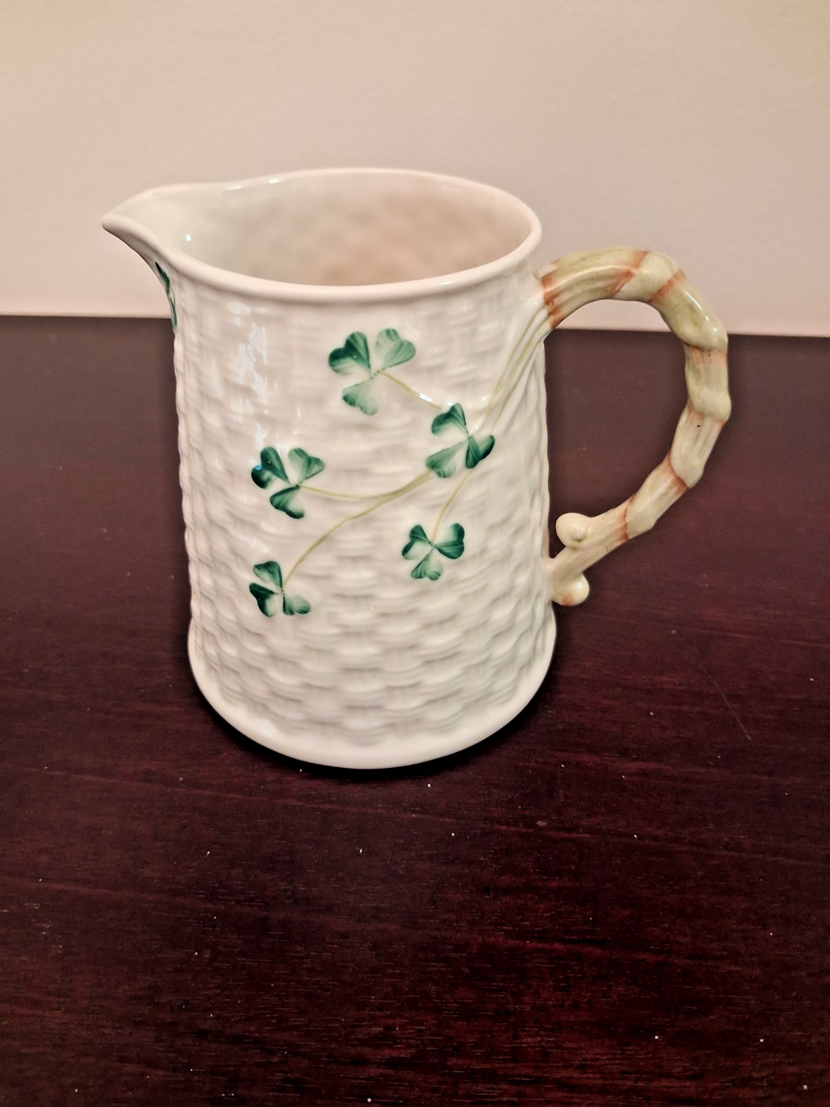 Belleek Ireland Basket Weave Shamrock Creamer