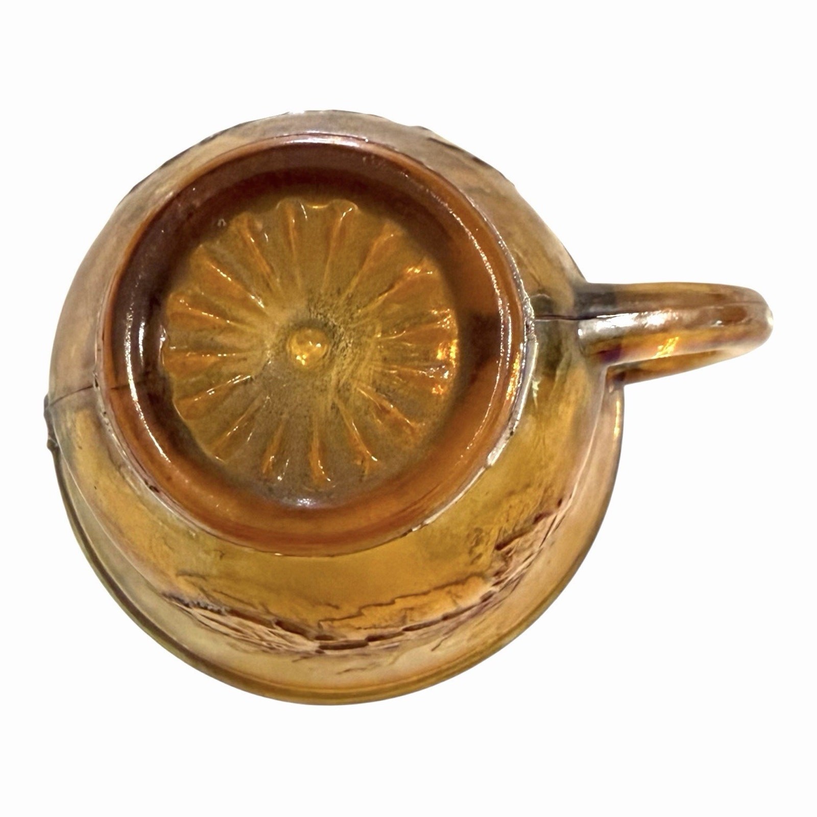Vintage 6 Carnival Glass Iridescent Amber Punch Bowl Cups Autumn Leaves