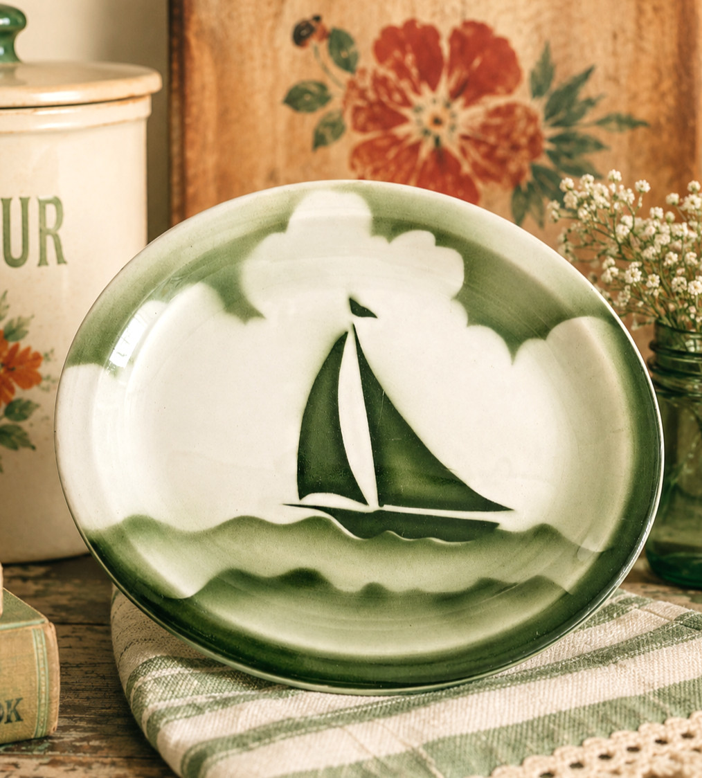 Rare 1950s Jackson China Airbrushed Sailboat Platter Green Nautical Restaurant