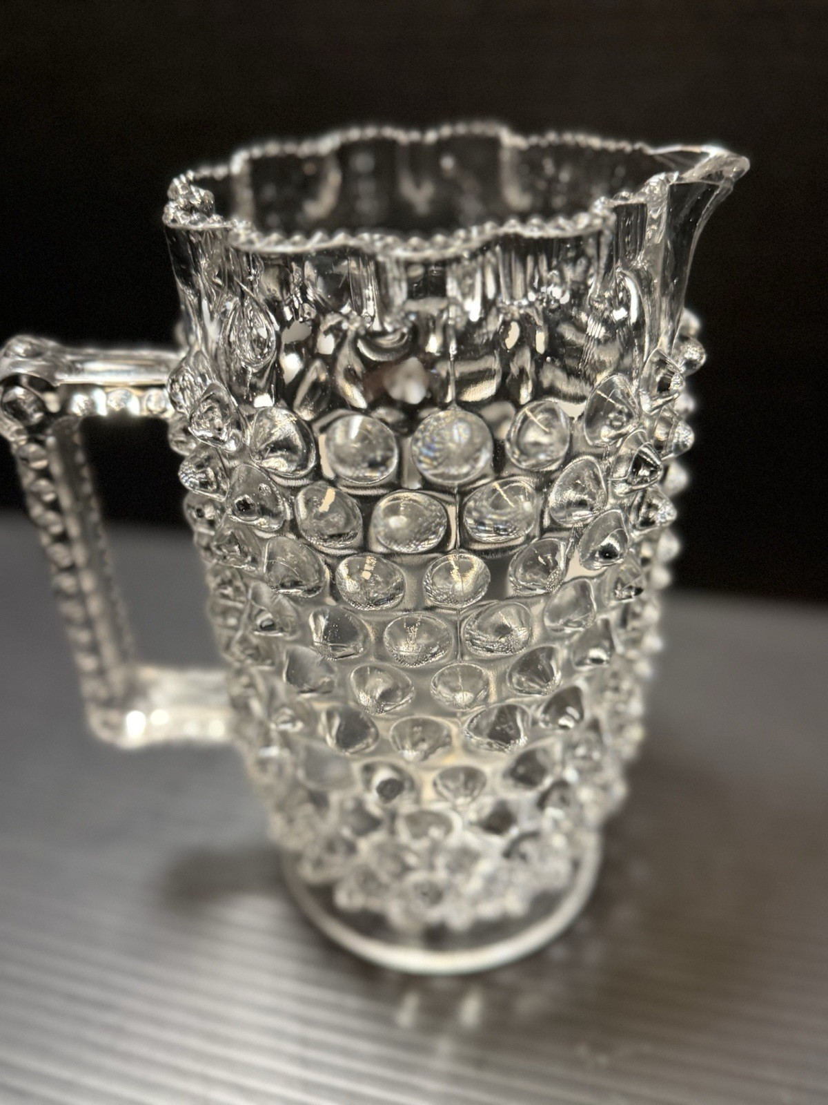 Vintage Hobnail Clear Pitcher Crimped Rim 7.75 In H