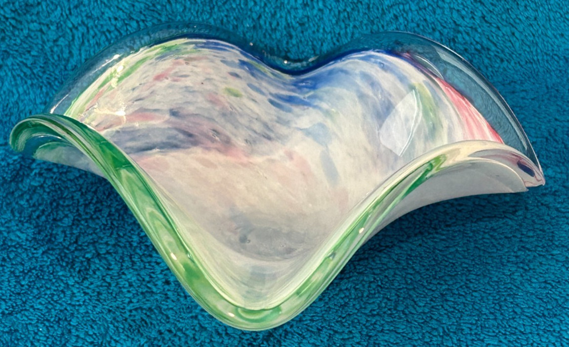 Vintage Murano Style Glassware Multicolor 7″ Bowl Green Blue Red Swirl
