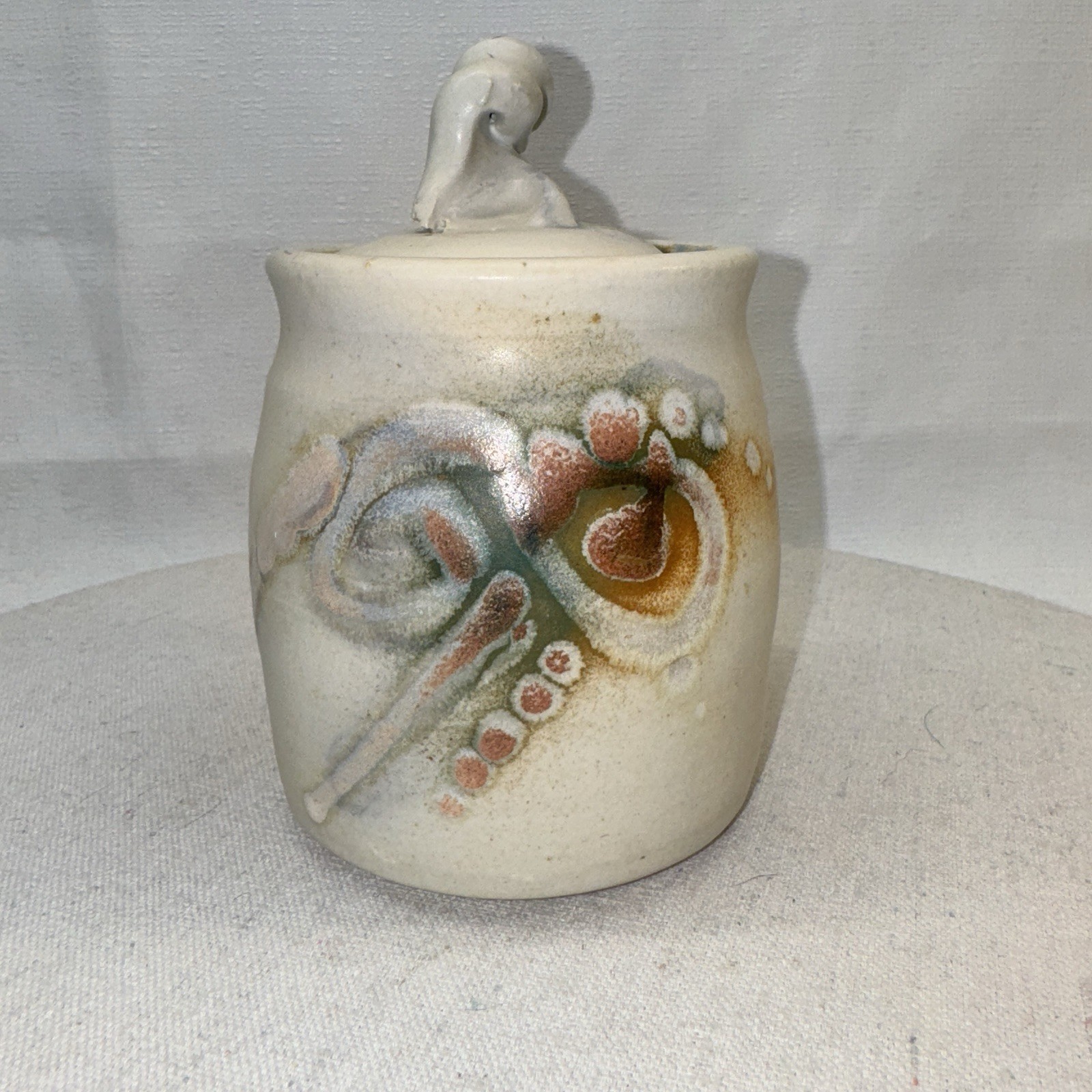 Signed Studio Pottery Lidded Jar Home Decor Cream Earthy Abstract Organic Art