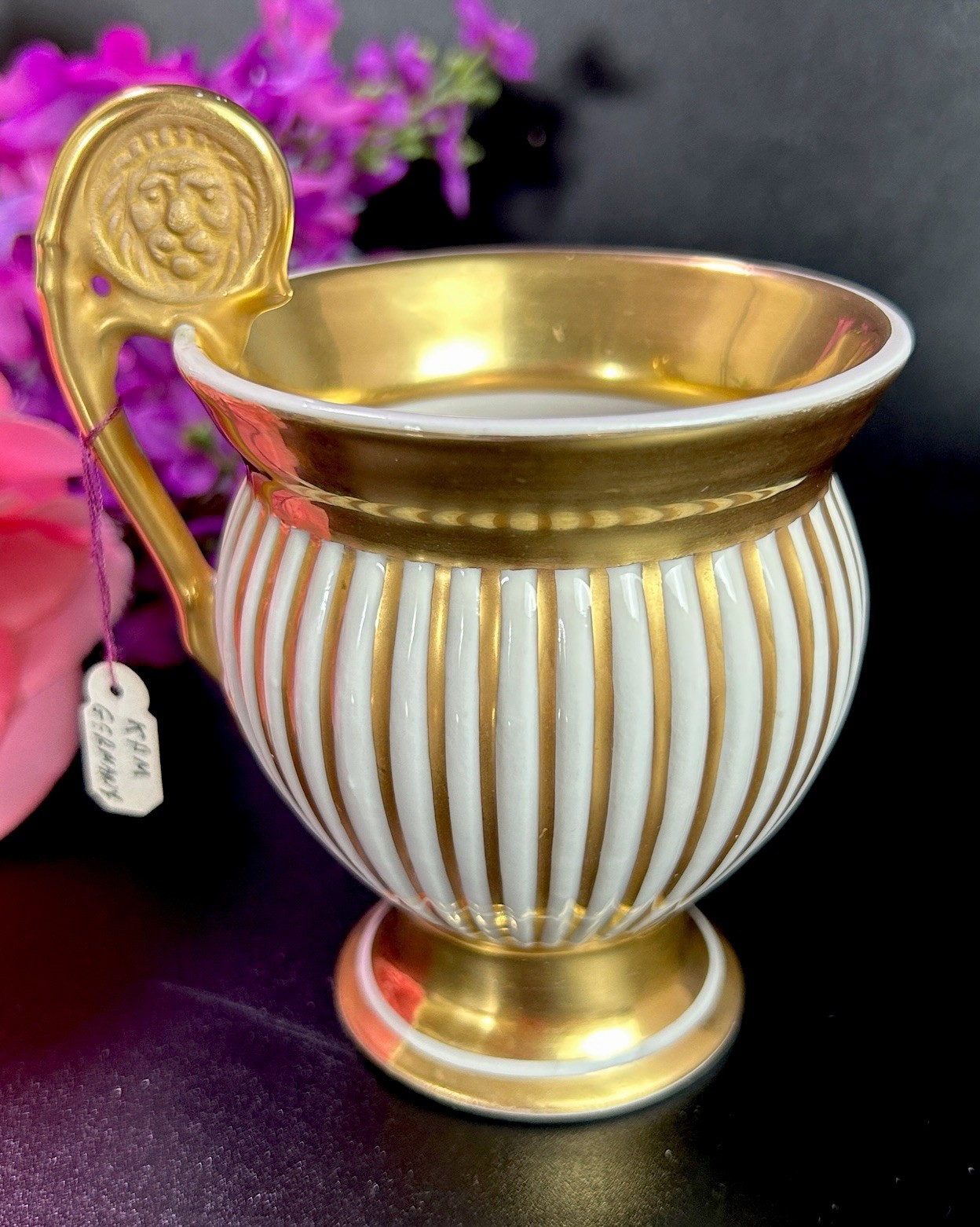 Antique Royal Porzellan Manufaktur RPM Lion Handle Cup Gold Stripes 4 3/8”