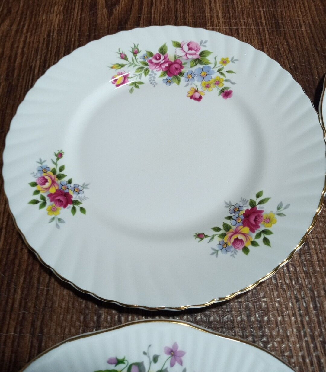 Royal Minster Bone China Gilt Rim Floral 8″ Dessert Vintage Mix Plates Set of 4
