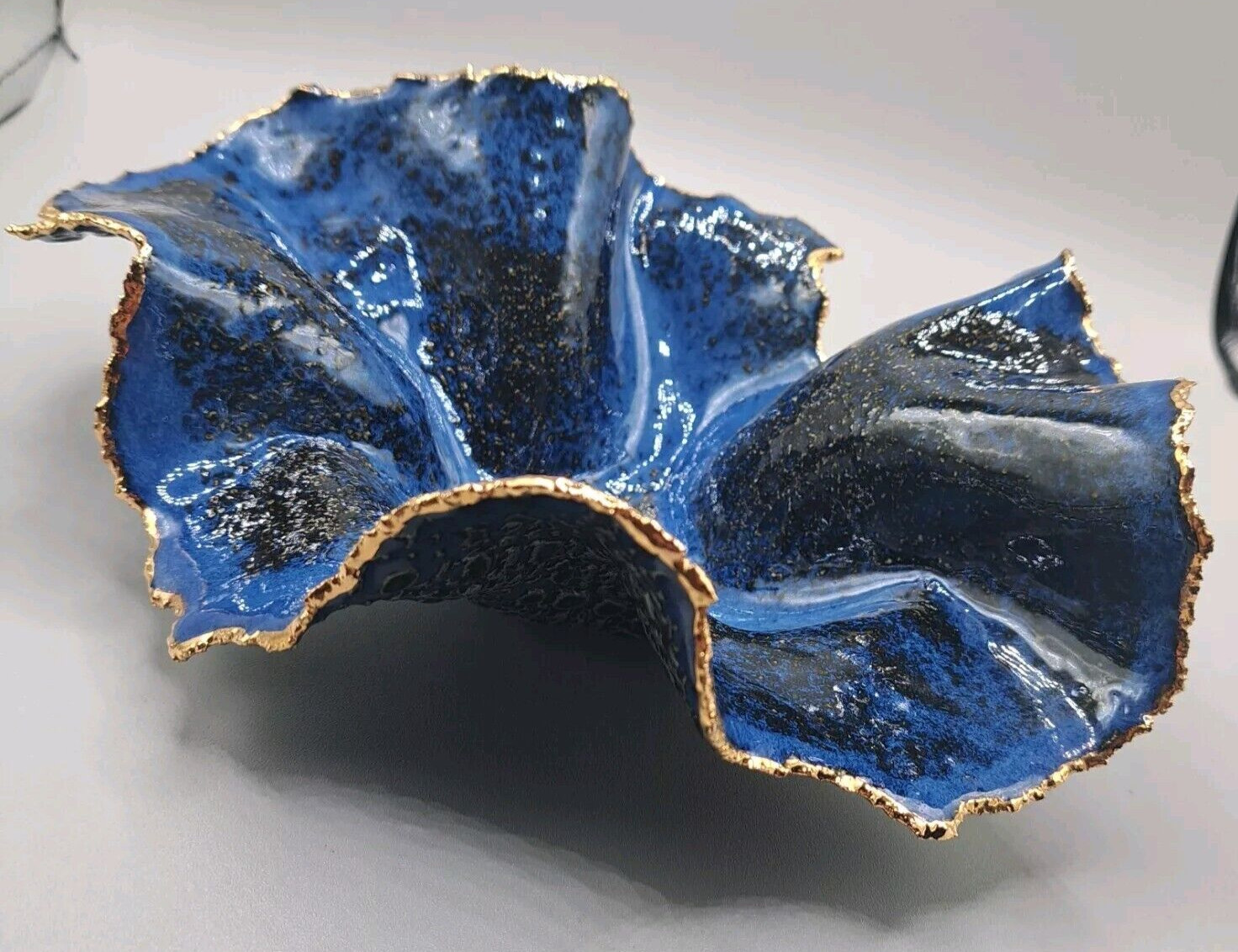 Freeform handkerchief Pottery Bowl Blue Unsigned Cobalt/Gold Trim OrganicTexture
