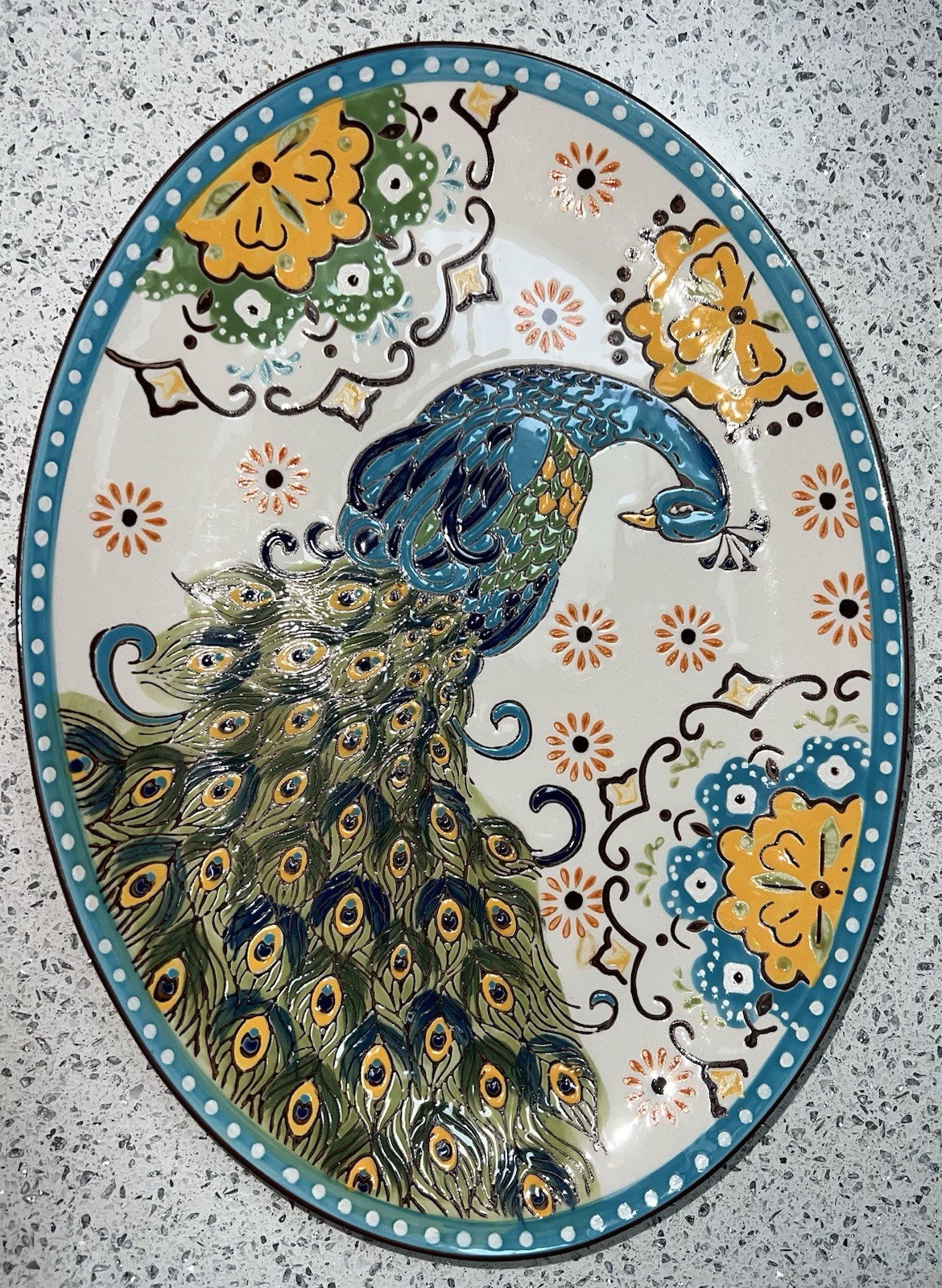 Artistic Accents Peacock Ceramic Oval Platter w/ Scalloped Bowl