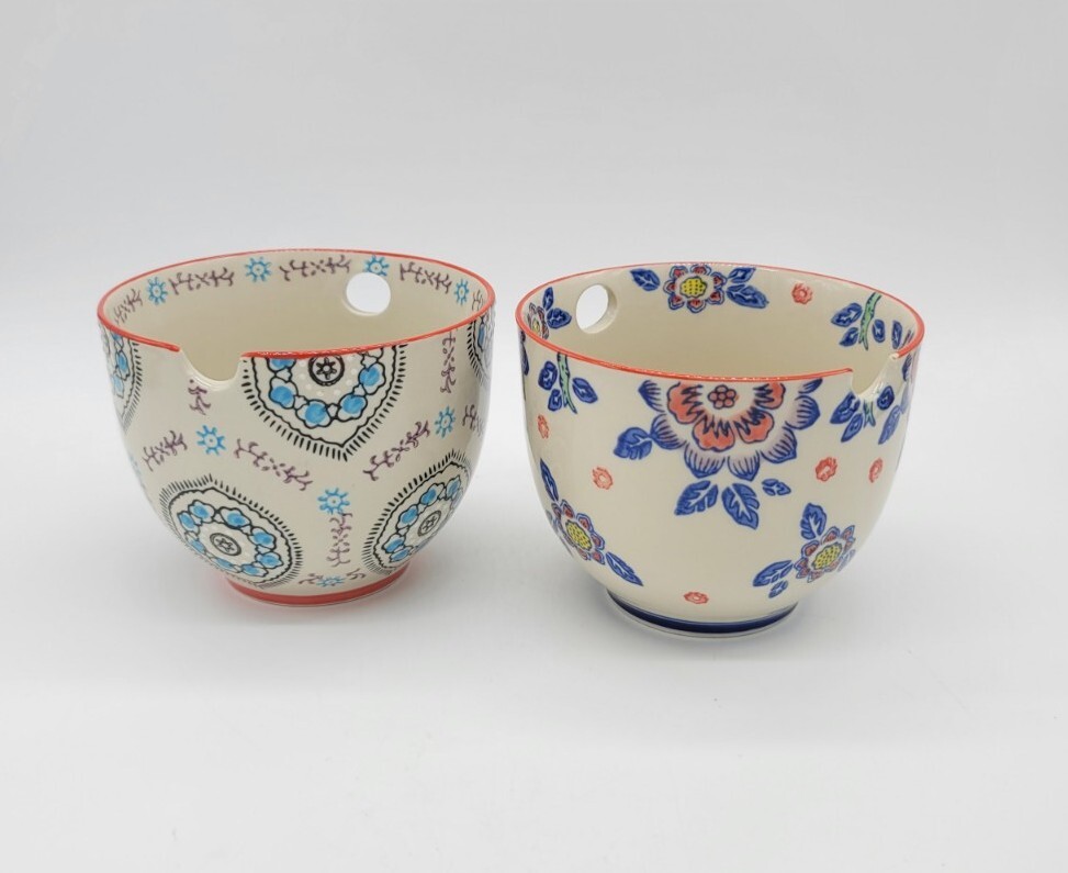 Pair Of Yokohama Studio Blue Pink Flowers Porcelain Bowls Hand Painted Japan
