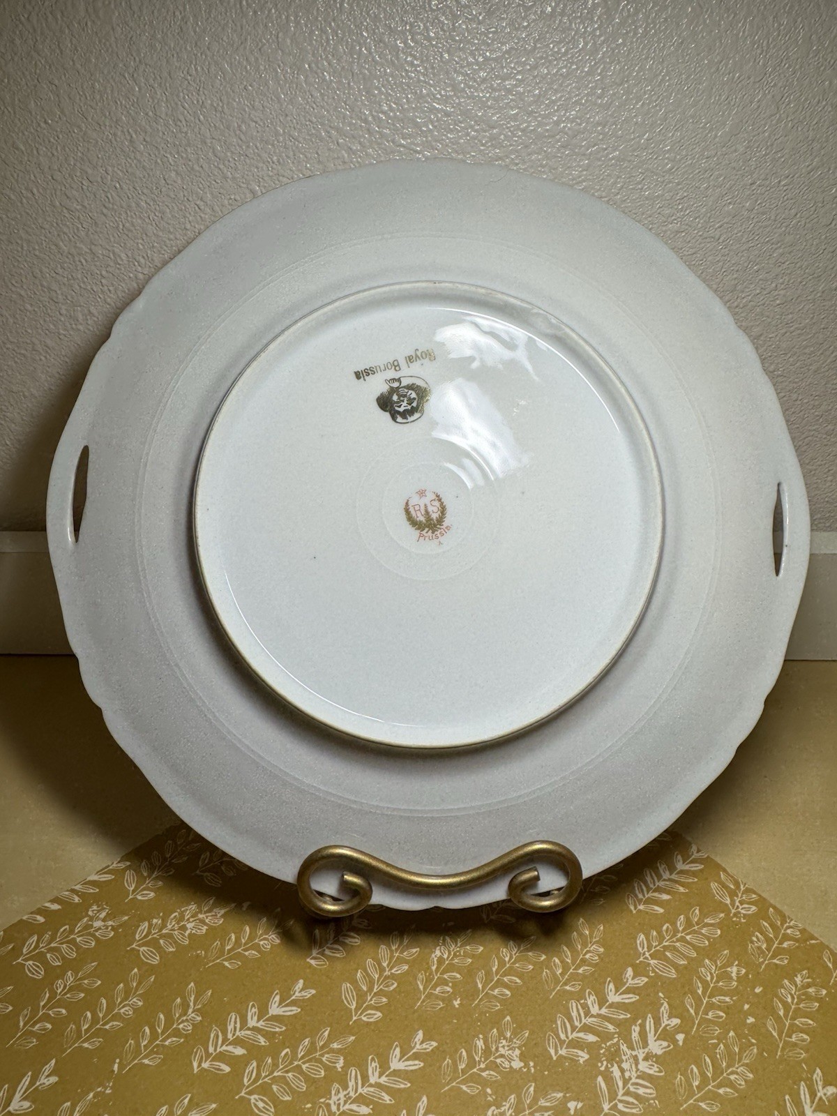 RS Prussia Handled Cake Plate Pierced Handles Scalloped Edge Beaded Trim