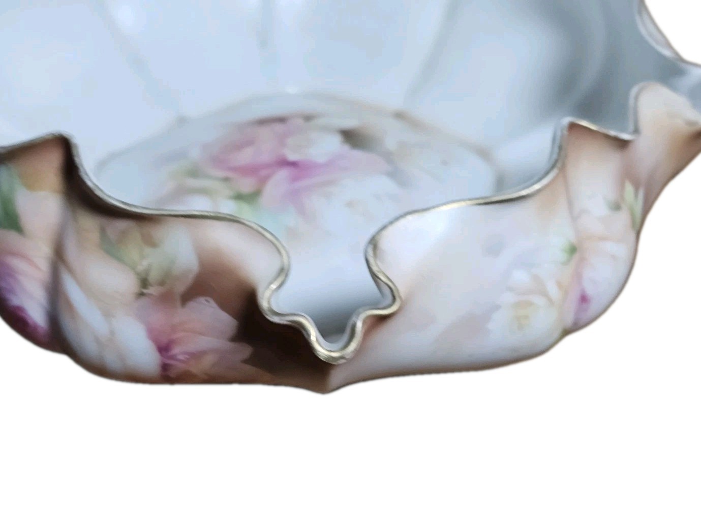 Antique RS Prussia Pink Rose 9″ Blown Out Bowl Exterior Painted Floral Gold