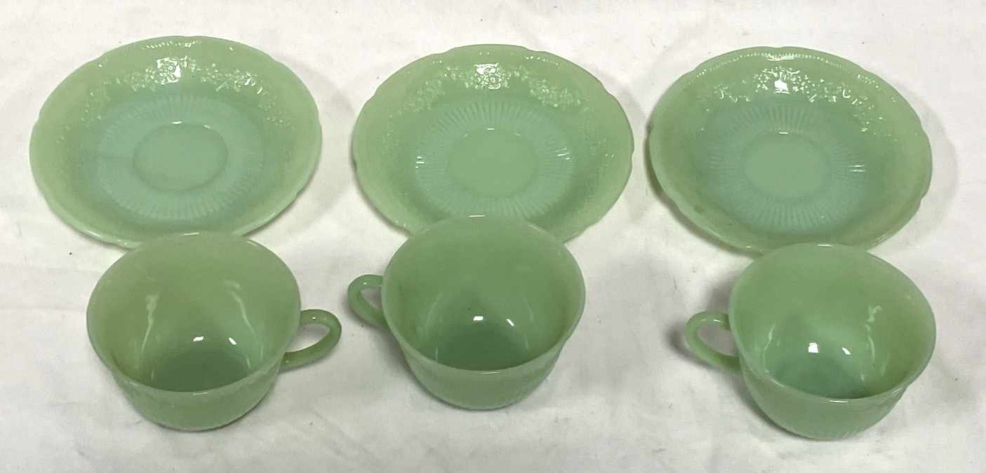 Fire-King Alice Jadeite Green Dish Lot 3 Cup & Saucer Sets + 4 Bowls