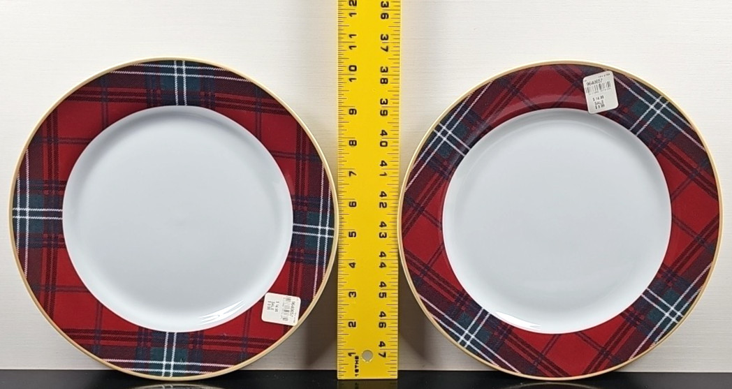 4) Williams Sonoma Gold Banded Tartan Dinner Plates Set Plaid Serving Dishes Lot