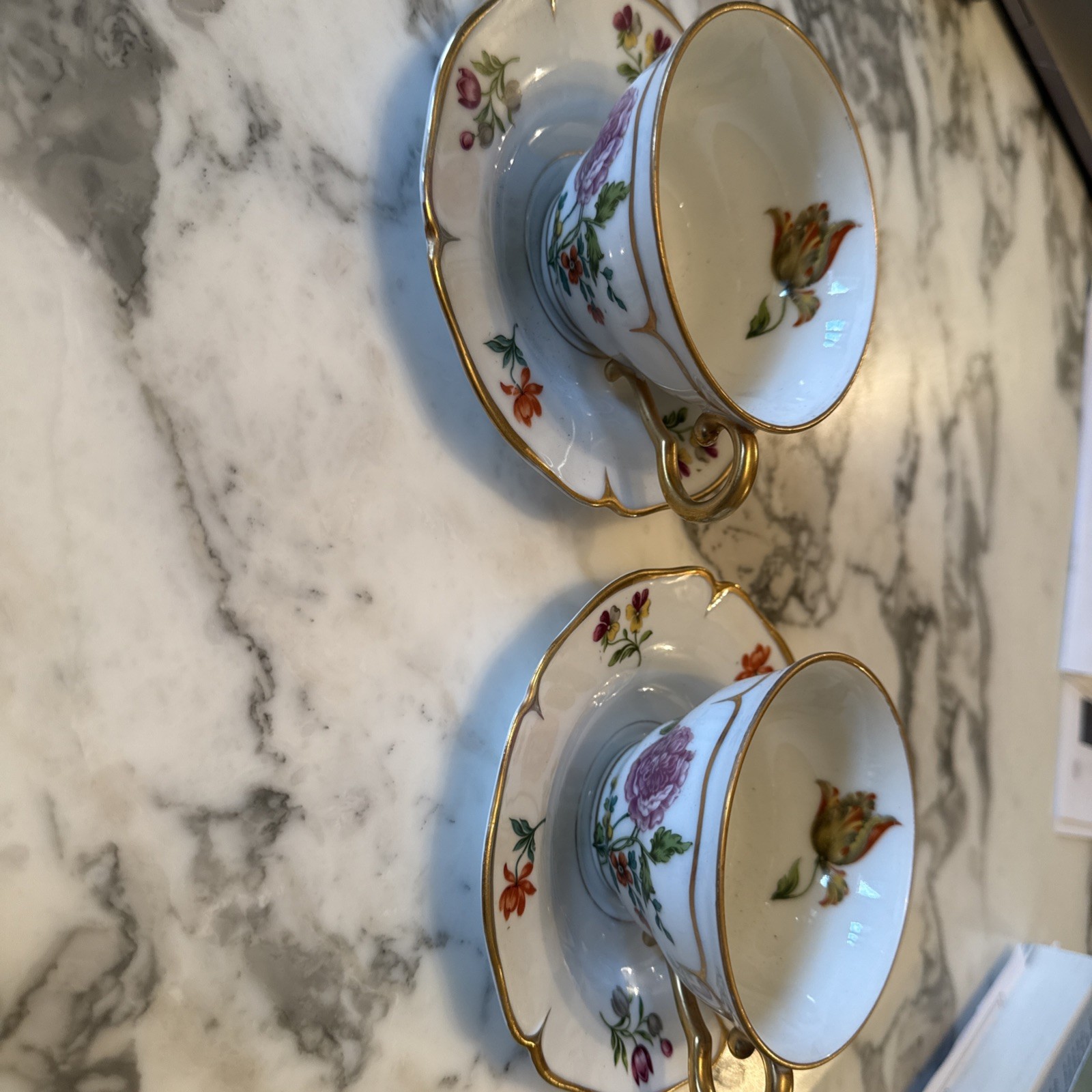 AJCO 2 Cups And 2 Saucers with gold trim flowers