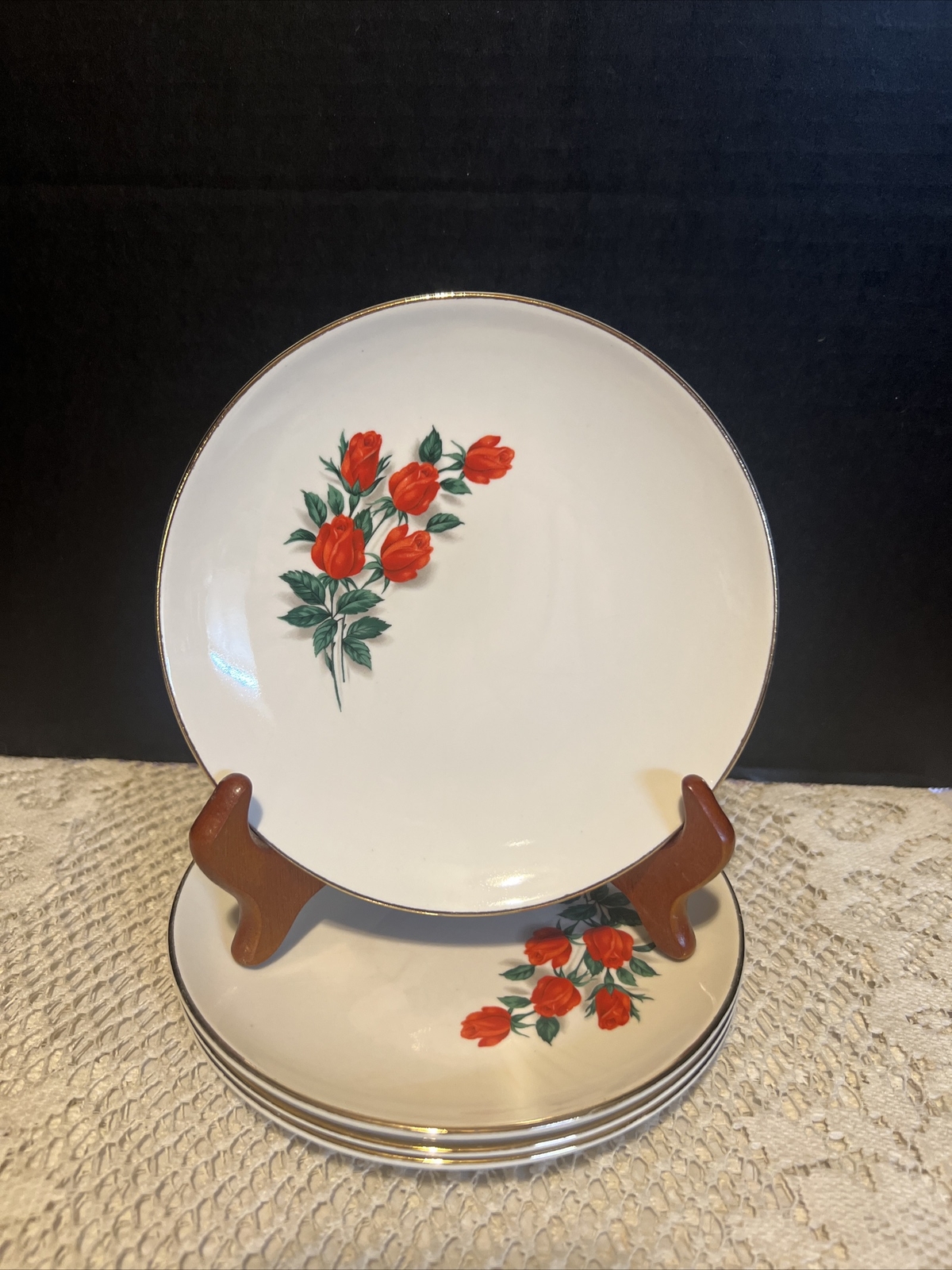Salem-American Ironstone-Red Roses-5 1/2” Bread Plates-Set Of 4