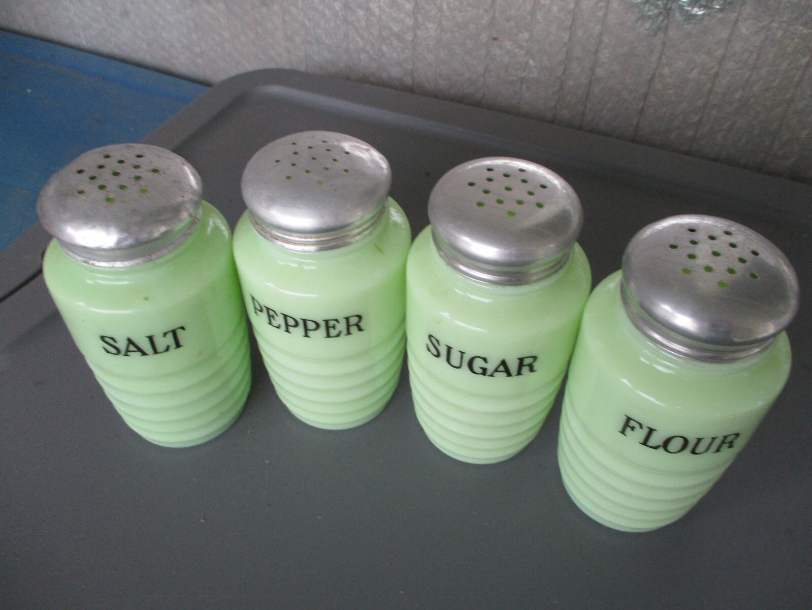 JEANNETTE VINTAGE JADEITE GREEN SALT PEPPER SUGAR FLOUR.