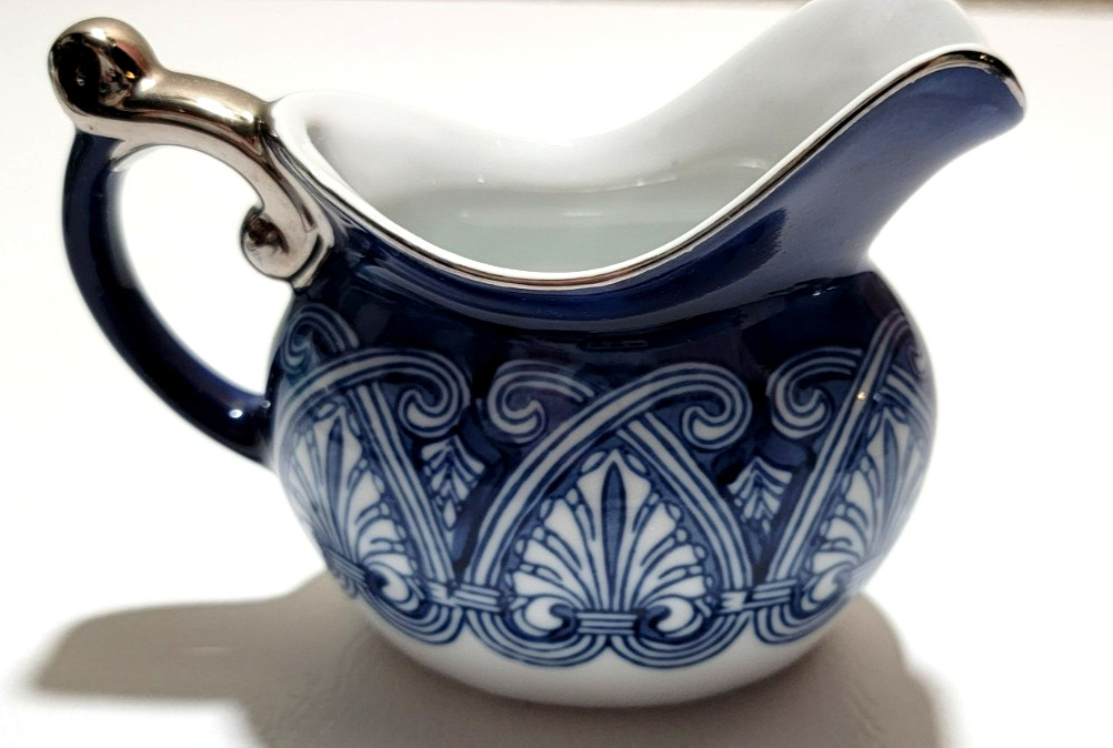 Bombay Blue White China Sugar and Creamer Platinum Trim Lid with Sugar Bowl