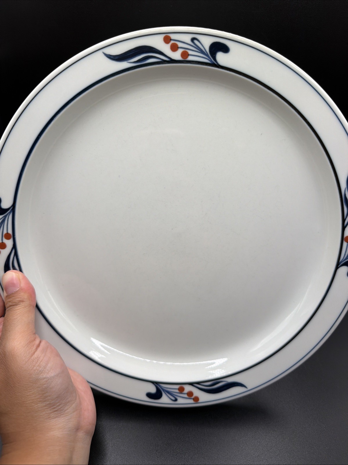 8 Dansk Bistro Maribo 10 3/8″ Dinner Plates Japan DANMAR Red Berries on Rim Blue