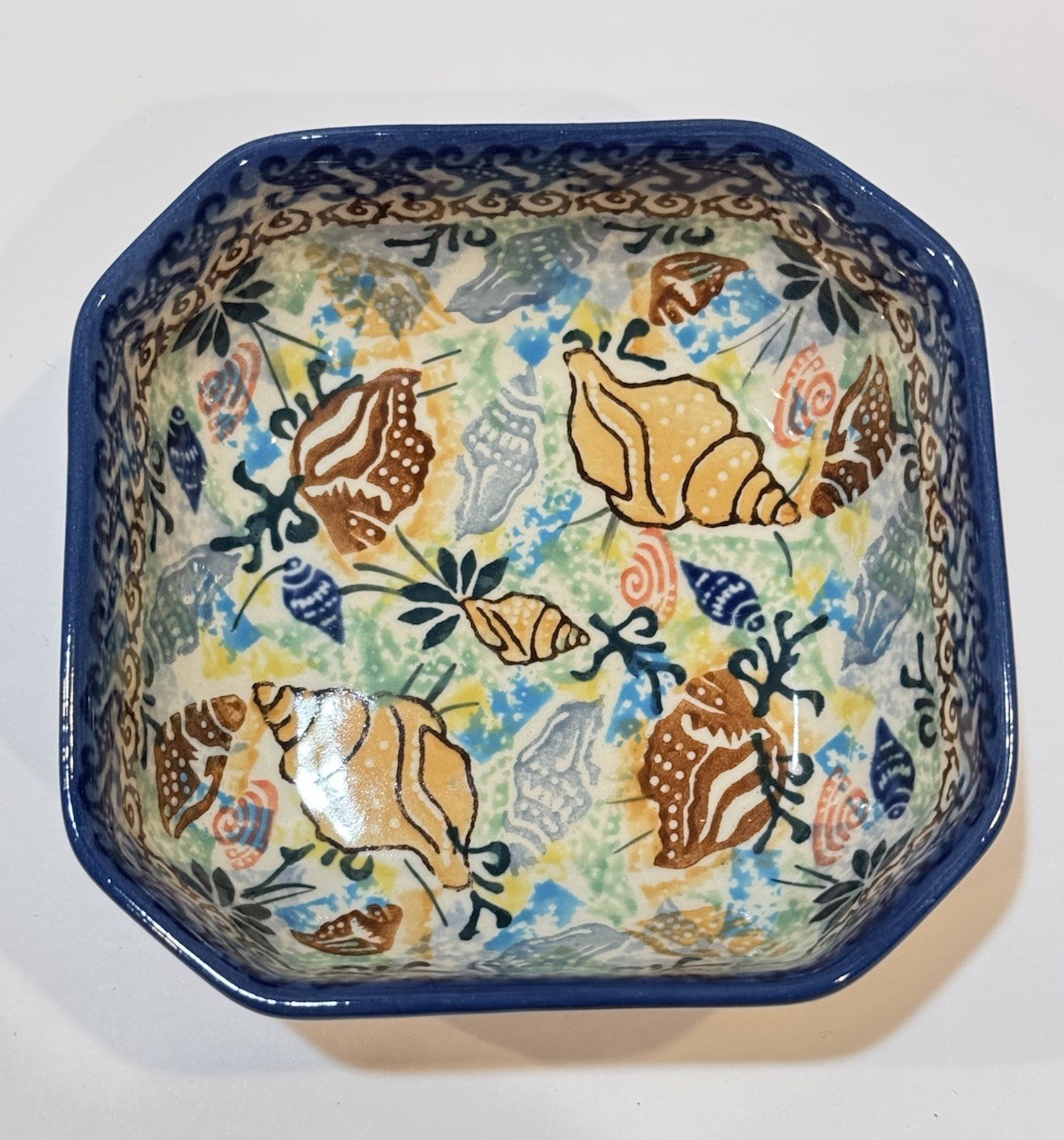 Unikat 1899 Poland Pottery Square Bowl Dish Seashell Waves 5″ D Skiba Hand Made