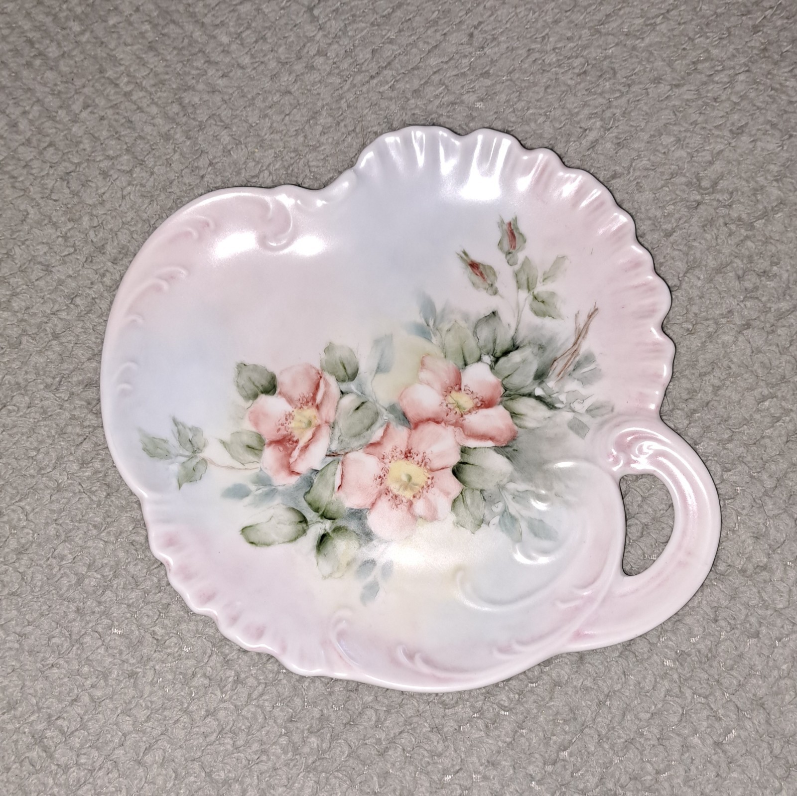 Vintage Hand Painted Porcelain Scalloped Floral Dish signed 1994