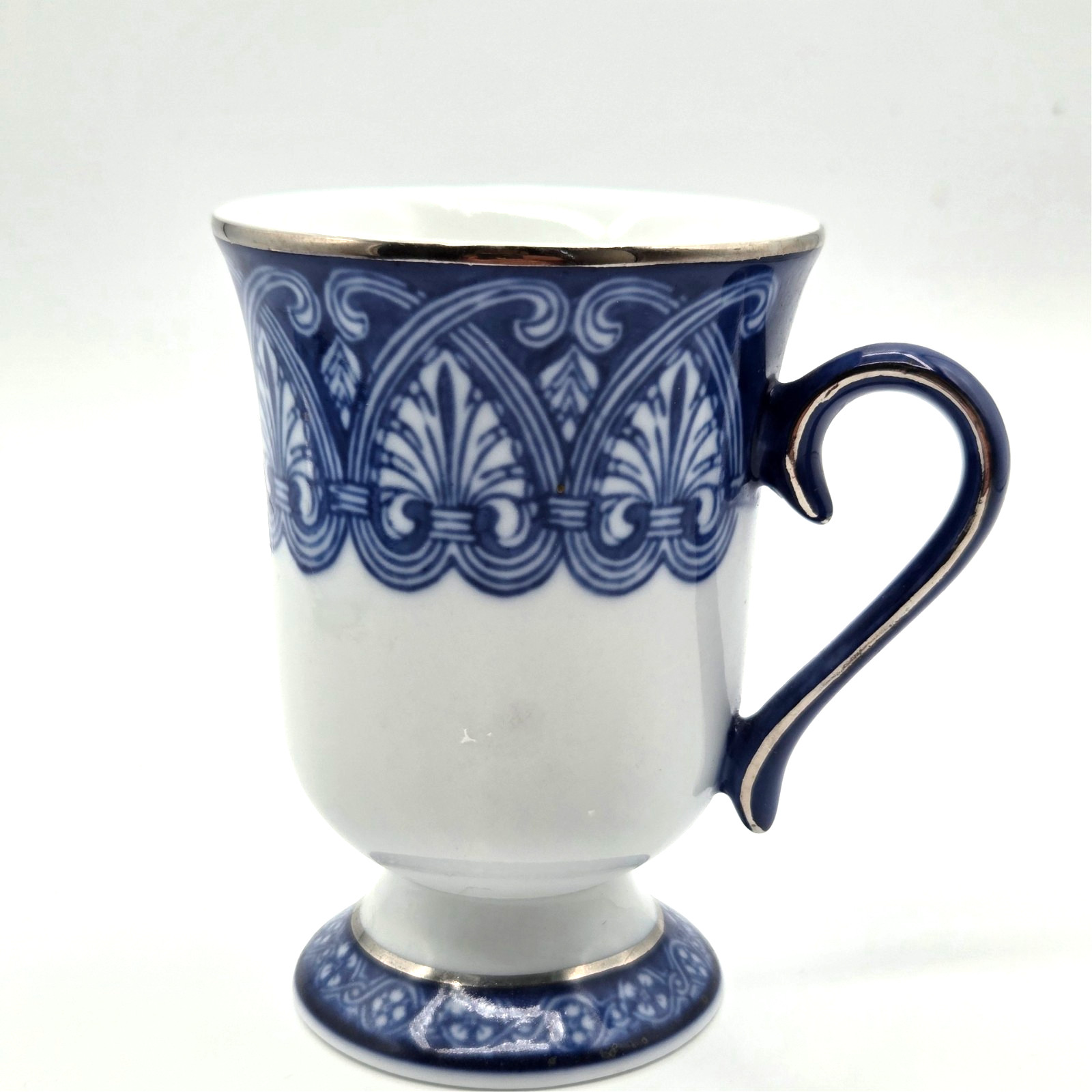 Bombay Arabesque Tile 4.5″ Footed Blue White Platinum Trim Tea Cup